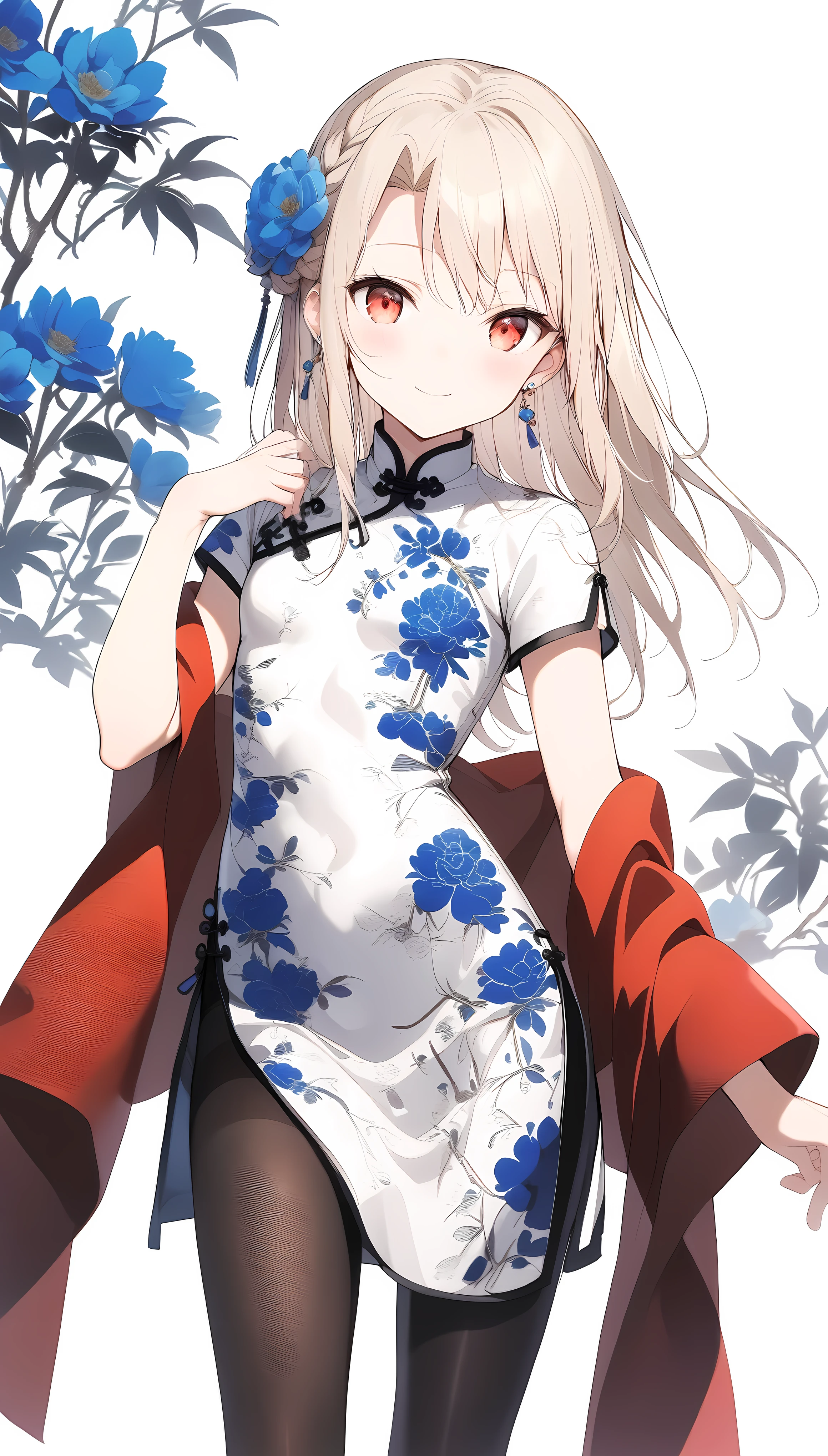 qipao,solo,1girl,(illyasviel von einzbern),red_eyes,cream hair,(french braid),smile,blue flower,breasts,china dress,chinese clothes,dress,shawl,earrings,floral print,hand up,long hair,looking at viewer,pantyhose,print dress,simple background,smile,solo,white background