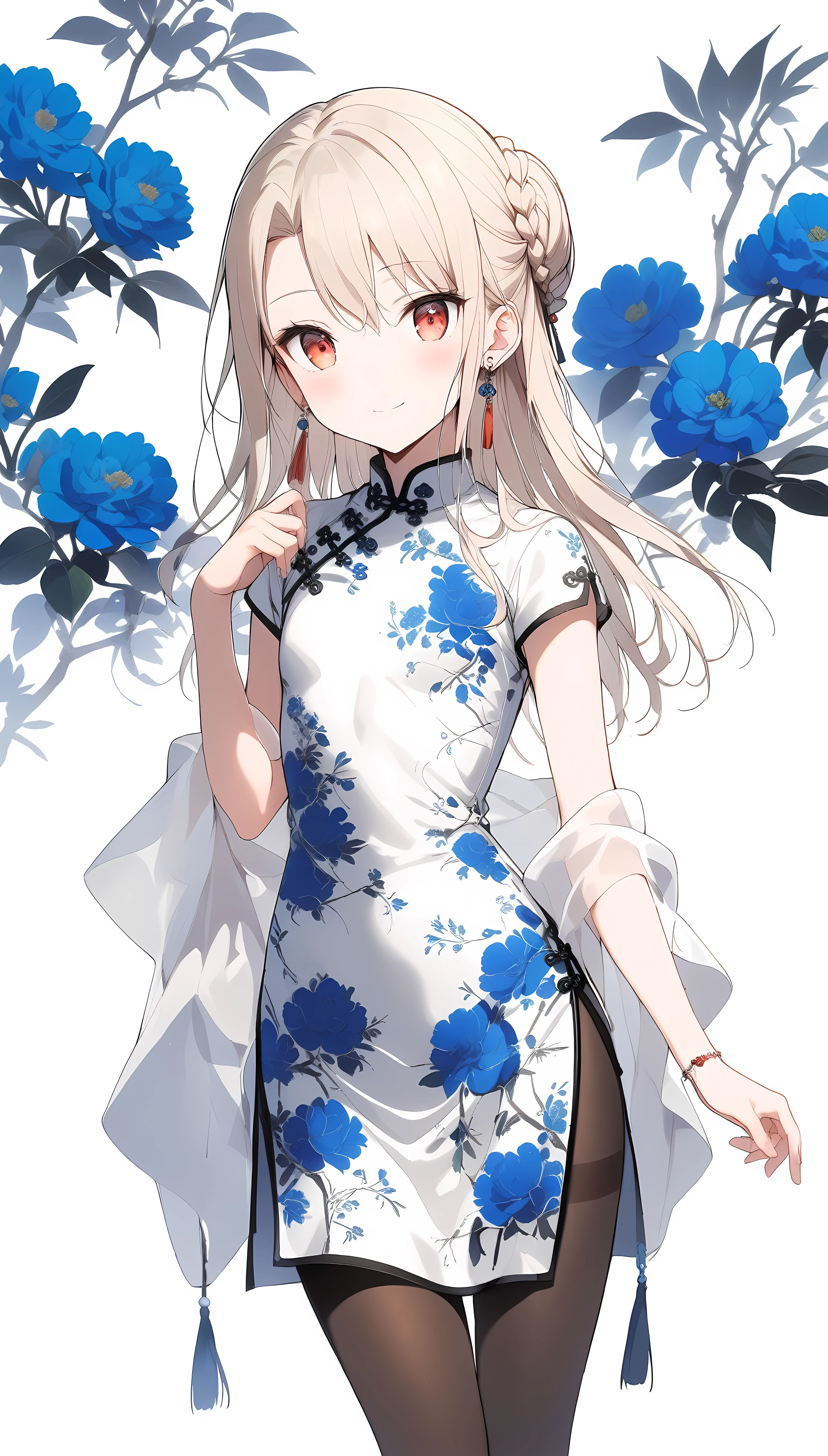 qipao,solo,1girl,(illyasviel von einzbern),red_eyes,cream hair,(french braid),smile,blue flower,breasts,china dress,chinese clothes,dress,shawl,earrings,floral print,hand up,long hair,looking at viewer,pantyhose,print dress,simple background,smile,solo,white background