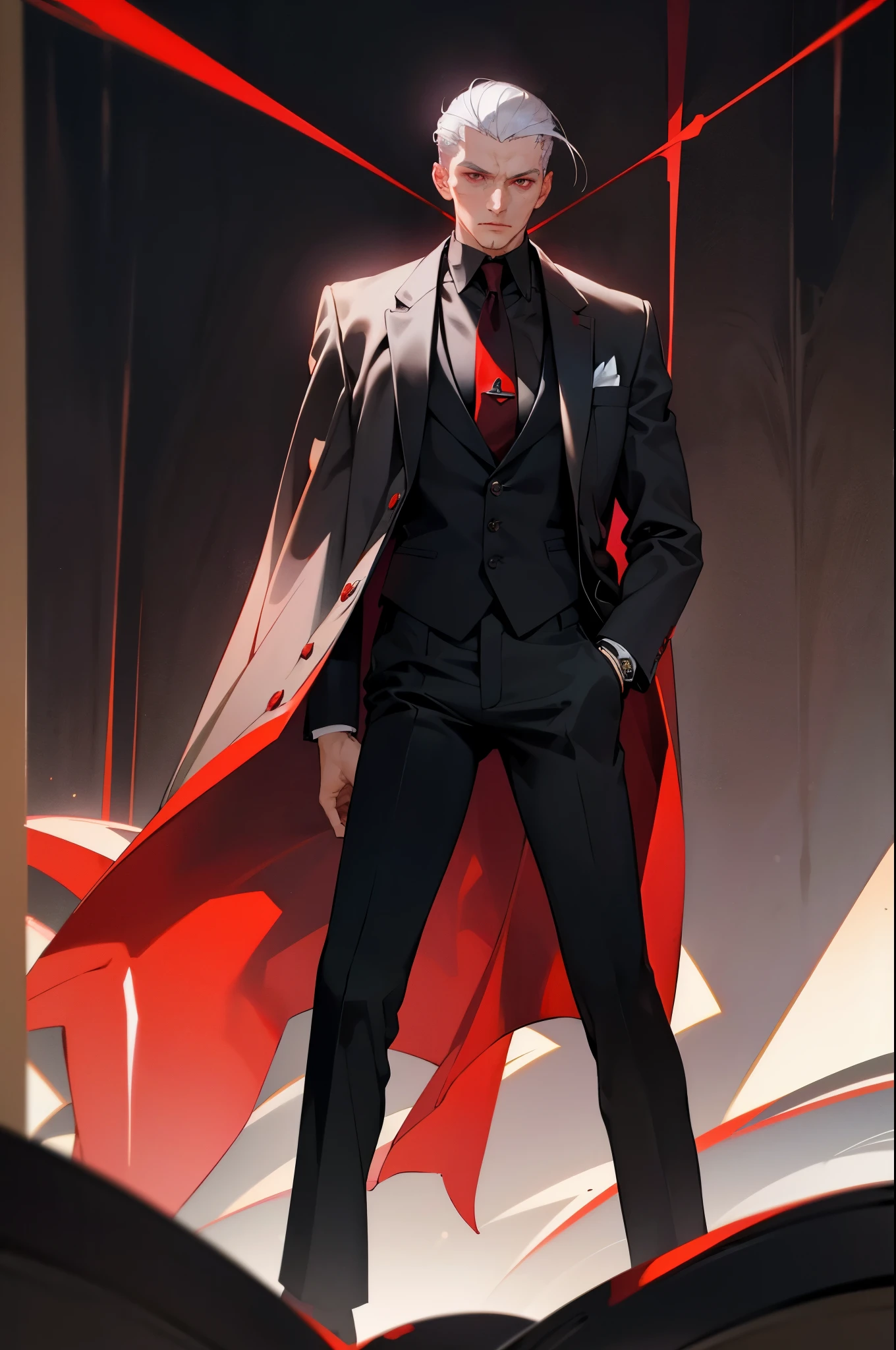 1male, Adult, Silver Hair, Short Hair, Slicked Back Hair, Black Suit, Red Tie, Cigar, Red Eyes, Night City , Standing On Path, Perfect Generation, Masterpiece Quality, Perfect Eyes, Black Pants, Fancy Watch