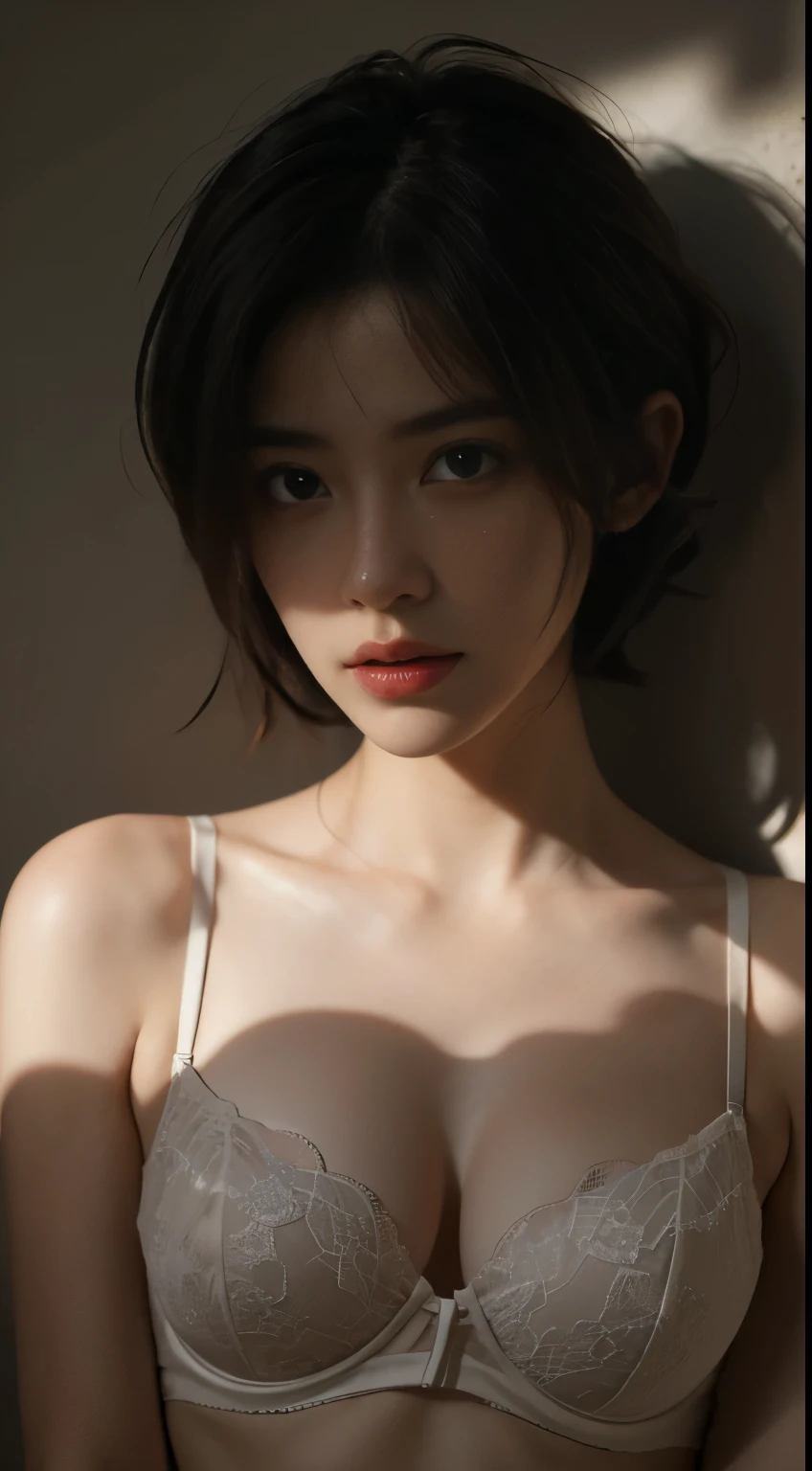 Best quality, masterpiece, ultra high res, (photorealistic:1.5), raw photo, 1girl,, in the dark, deep shadow, low key, cold light, sexy look, short hair, smooth , sexy, silk bra , leaf shadow, seamless bra