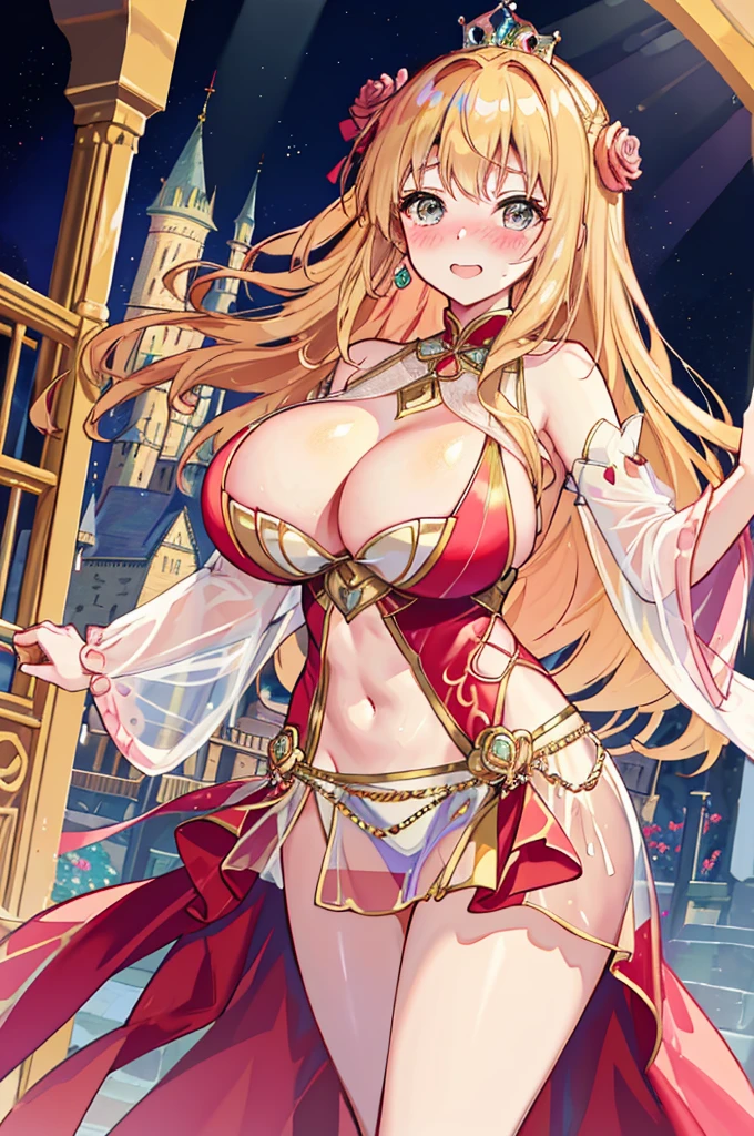 A woman with big ,(Gorgeous woman),Princess,Gorgeous red Rococo dance dress,Long blond hair,Exquisite,(See-through chest),Showing belly,(Blush:1.2),Slender legs,Castle Background,Dancing show,flower,diamond,烟flower,