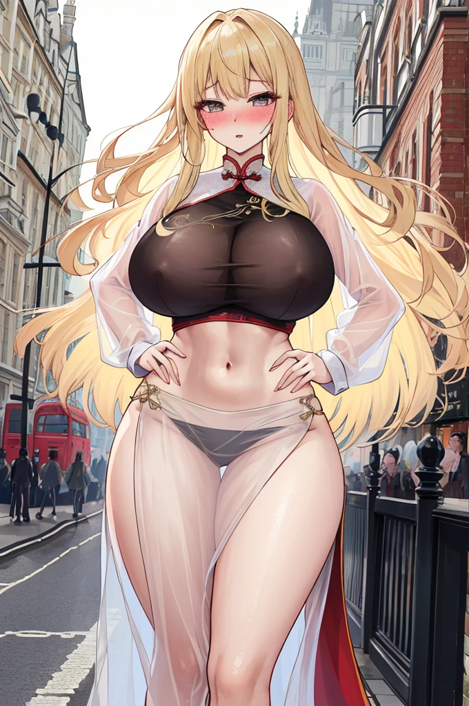 A woman with big ，(Gorgeous woman)，ahegao，Victorian style，Flowing fabric，cheongsam，Long blond hair，((See-through clothes))，Showing belly，Slim waist，(Blush:1.2)，Thin legs，On the streets of London，