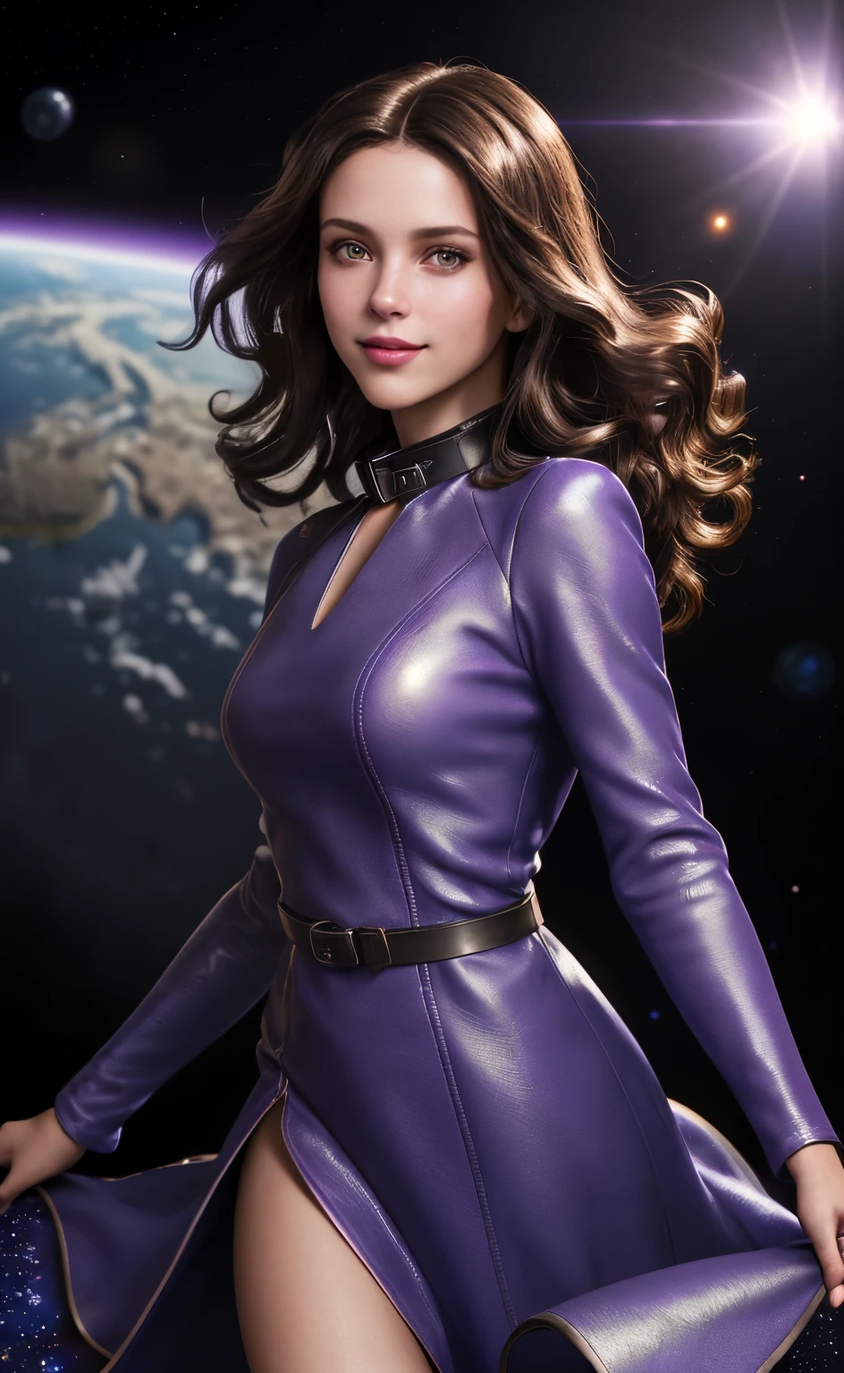 realistic portrait of a cute girl, ultra-textured leather, Sincere smile, blue long sleeve dress with collar, floor-length dress, Legs closed, , there are stars on the dress, pink lips, upper body, in outer space, Against the background of the planet, purple shades in the background, Against the background of the planet, professional photo of a stunning woman, sharp focus, dramatic, cinematic lighting, octane number rendering of unreal engine, (granularity, blurred background, depth of field, Blur:1.3), brunette, curly long hair, Brown eyes, looks straight into the camera
