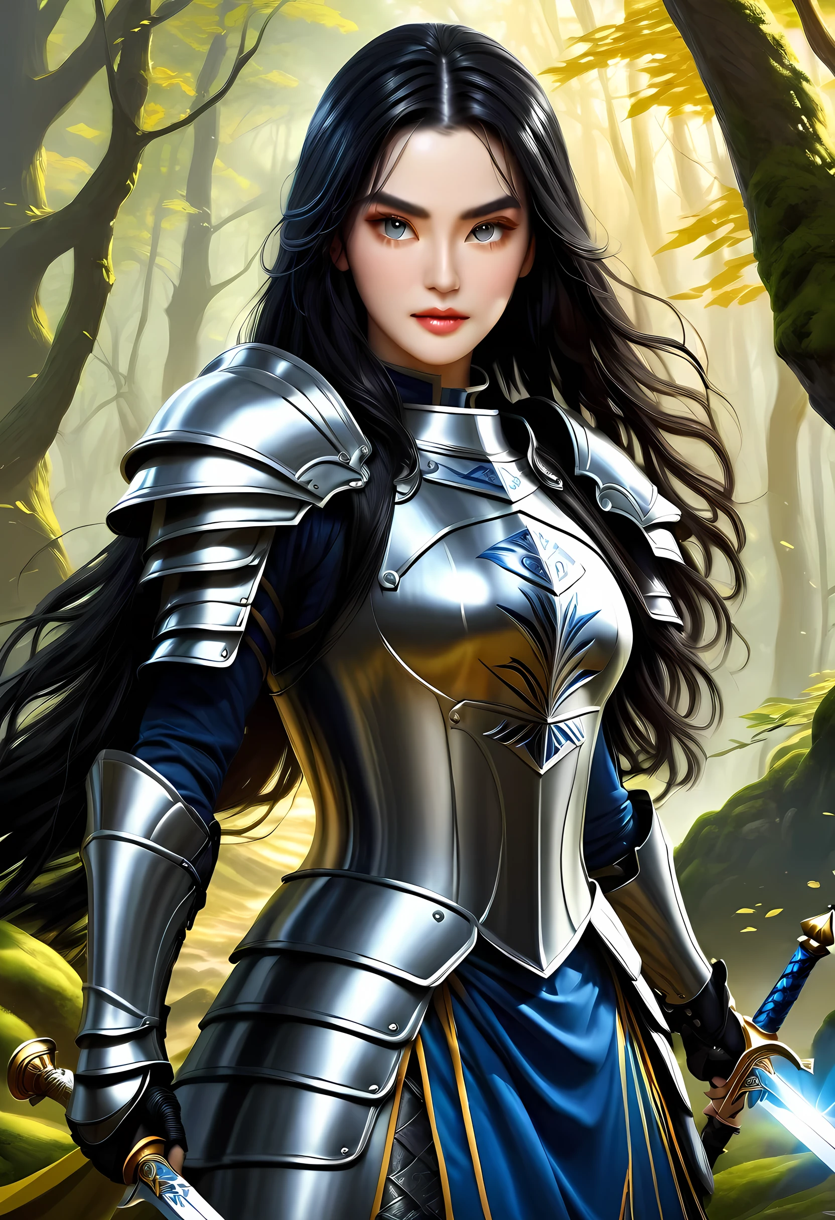 a picture of woman paladin of nature protecting the forest, a woman knight, black hair, long hair, full body (best details, Masterpiece, best quality :1.5), ultra detailed face (best details, Masterpiece, best quality :1.5), ultra feminine (best details, Masterpiece, best quality :1.5), (black hair: 1.2), long hair, braided hair, pale skin, (deep blue: 1.2) eyes, intense eyes, wearying heavy armor, (white armor: 1.2)  (best details, Masterpiece, best quality :1.5), (green cloak: 1.2) , armed with a sword, glowing sword GlowingRunes_yellow, fantasy forest background, D&D art, RPG art, magical atmosphere magic-fantasy-forest, ultra best realistic, best details, best quality, 16k, [ultra detailed], masterpiece, best quality, (extremely detailed), ultra wide shot, photorealism, depth of field, hyper realistic painting, ArmoredDress