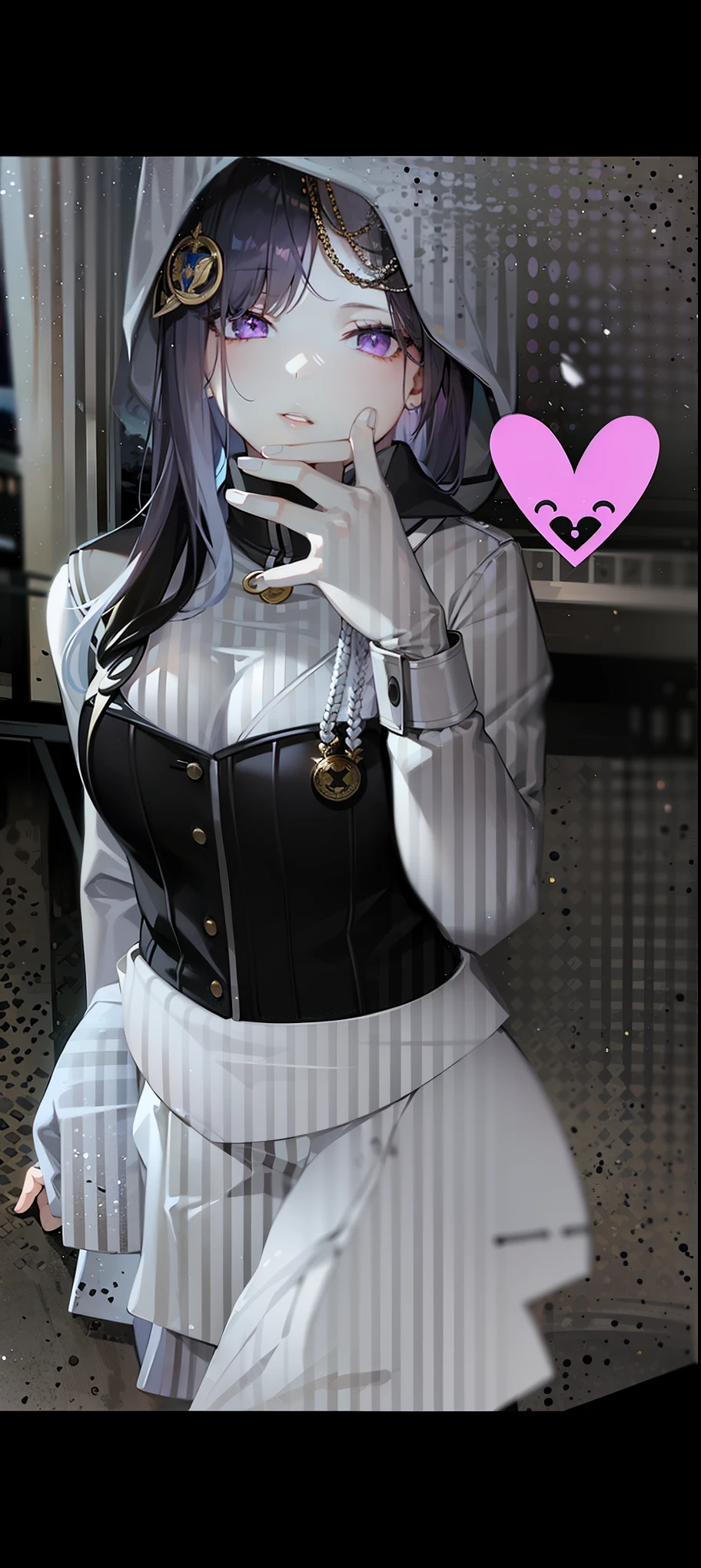 ((1girl, solo)), purple hair, long hair, purple eyes, grey, +_+, long sleeves, smile, (((parted lips))), hood down, (badge on hat), symbol-shaped pupils, looking at viewer, details eyes, absurdres, half body, ((sunset)), top view, (day time, sunny)