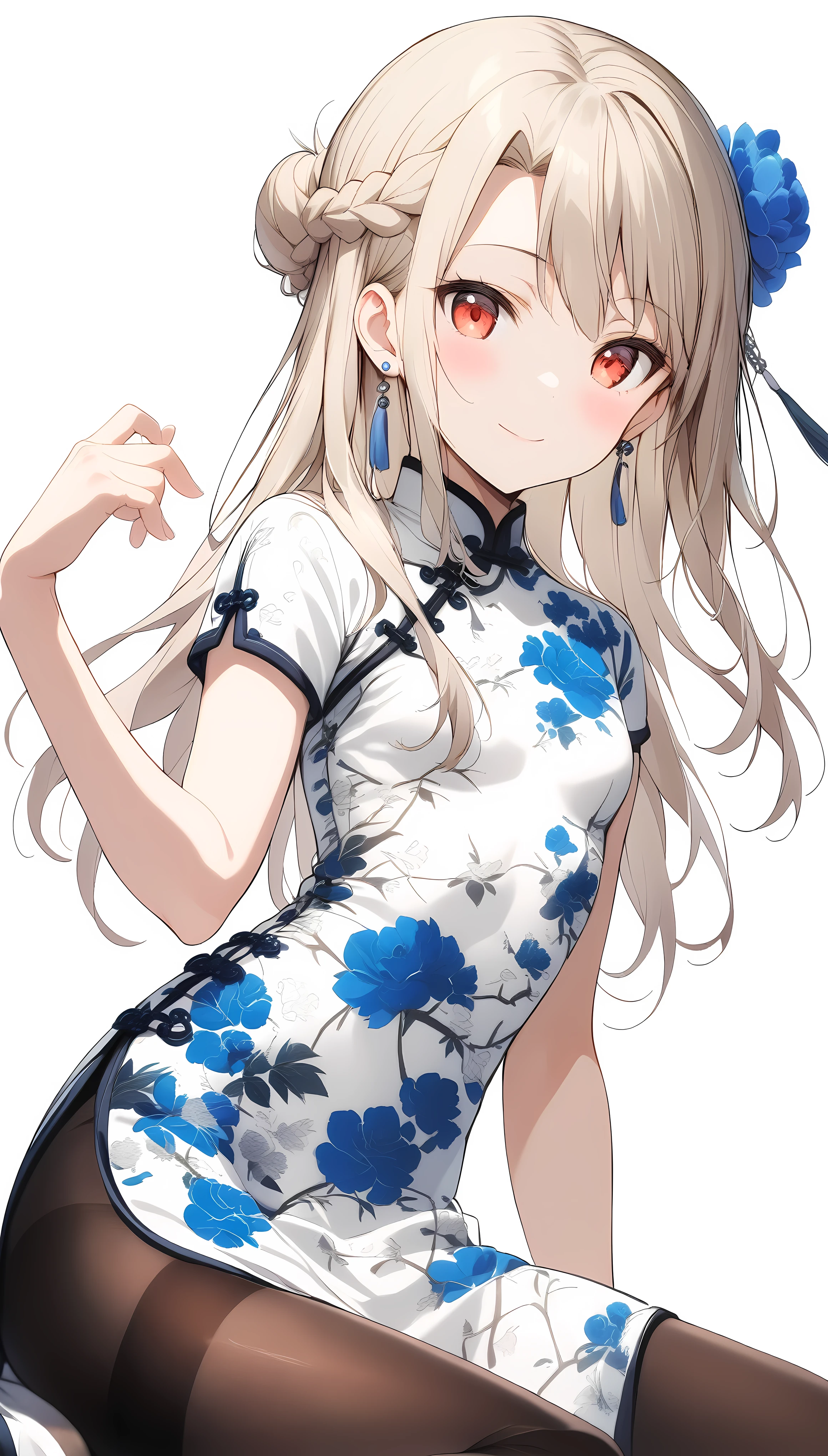 qipao,solo,1girl,(illyasviel von einzbern),red_eyes,cream hair,(french braid),smile,blue flower,breasts,china dress,chinese clothes,dress,shawl,earrings,floral print,hand up,long hair,looking at viewer,pantyhose,print dress,simple background,smile,solo,white background