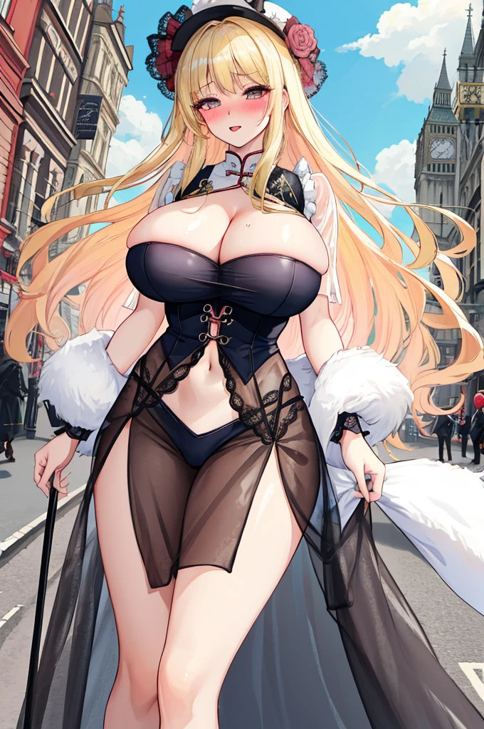 A woman with big ，(Gorgeous woman)，ahegao，Victorian style，Flowing fabric，cheongsam，Long blond hair，((See-through chest))，Cleavage，Showing belly，Slim waist，(Blush:1.2)，Thin legs，On the streets of London，