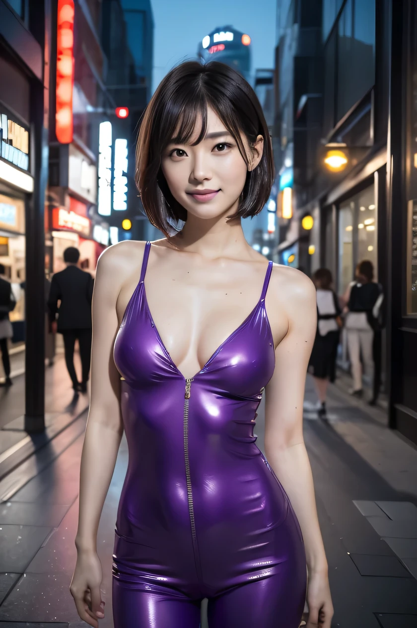 The beauty of 8K raw photos:2.0, Japanese woman, short hair, beautiful face and dark eyes, looking down, looking at the viewer:1.5, big smile, wet hair, tiny top, (purple combat suits:1.2), shinny skin, open wide legs, realistic:1.9, very detailed, full body shot:1.2, High resolution RAW color photos, professional photos, Taken at the future urban city night, girl sexy portrait