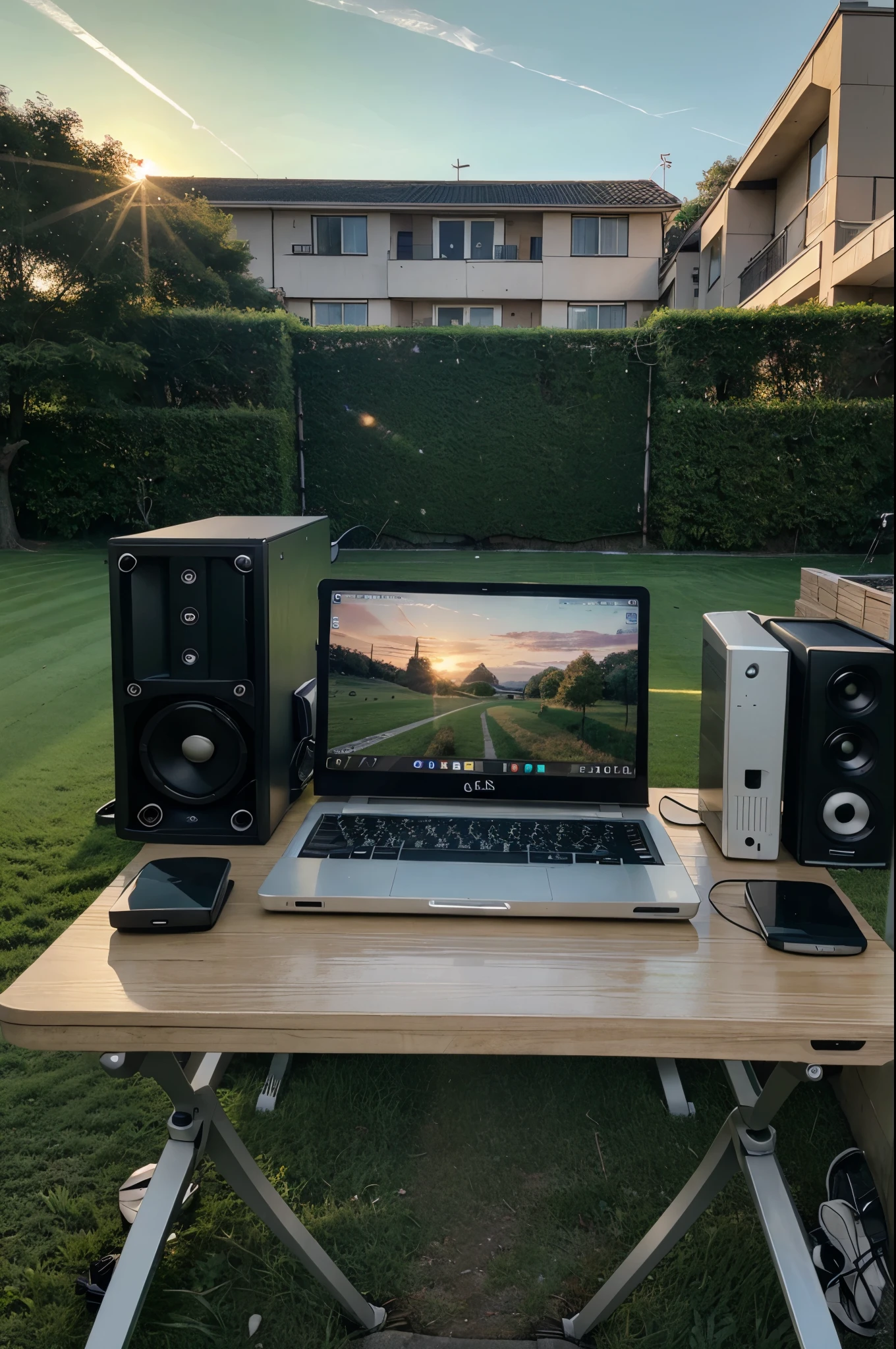 Make a image of computer setup on green grassy land with a surise