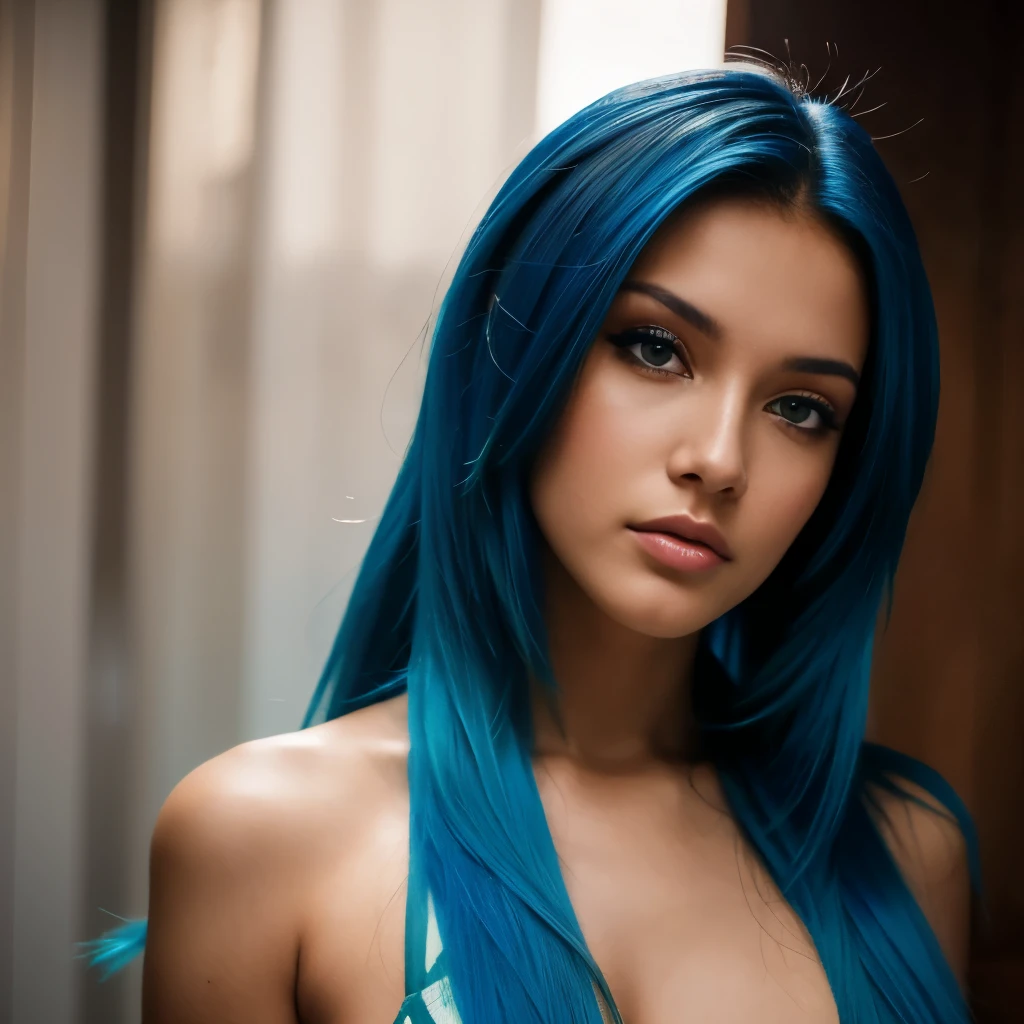 Chica hermosa, Brazilian model, 21-year-old, electric blue hair model, mirando a la camara, mujer de rostro hermoso, mujer de cabello largo, 