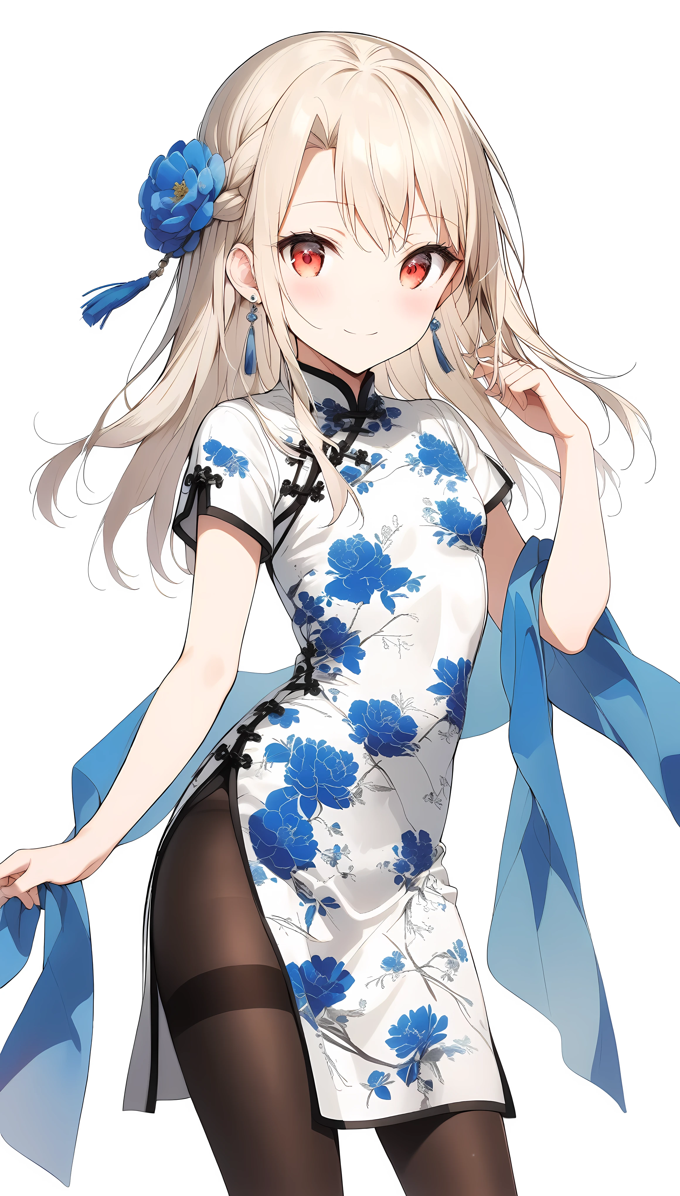 qipao,solo,1girl,(illyasviel von einzbern),red_eyes,cream hair,(french braid),smile,blue flower,breasts,china dress,chinese clothes,dress,shawl,earrings,floral print,hand up,long hair,looking at viewer,pantyhose,print dress,simple background,smile,solo,white background