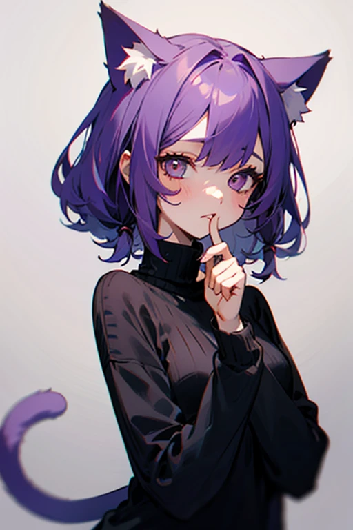 A girl with purple hair and cat ears with white eyes in a black sweater