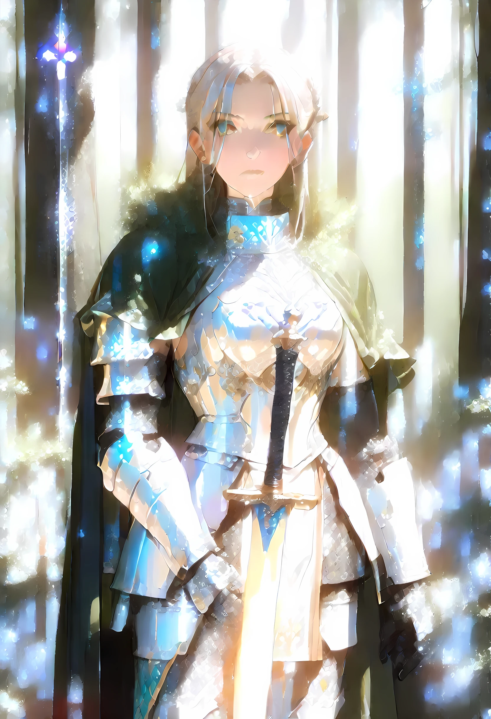 a picture of woman paladin of nature protecting the forest, a woman knight, black hair, long hair, full body (best details, Masterpiece, best quality :1.5), ultra detailed face (best details, Masterpiece, best quality :1.5), ultra feminine (best details, Masterpiece, best quality :1.5), (black hair: 1.2), long hair, braided hair, pale skin, (deep blue: 1.2) eyes, intense eyes, wearying heavy armor, (white armor: 1.2)  (best details, Masterpiece, best quality :1.5), (green cloak: 1.2) , armed with a sword, glowing sword GlowingRunes_yellow, fantasy forest background, D&D art, RPG art, magical atmosphere magic-fantasy-forest, ultra best realistic, best details, best quality, 16k, [ultra detailed], masterpiece, best quality, (extremely detailed), ultra wide shot, photorealism, depth of field, hyper realistic painting, ArmoredDress