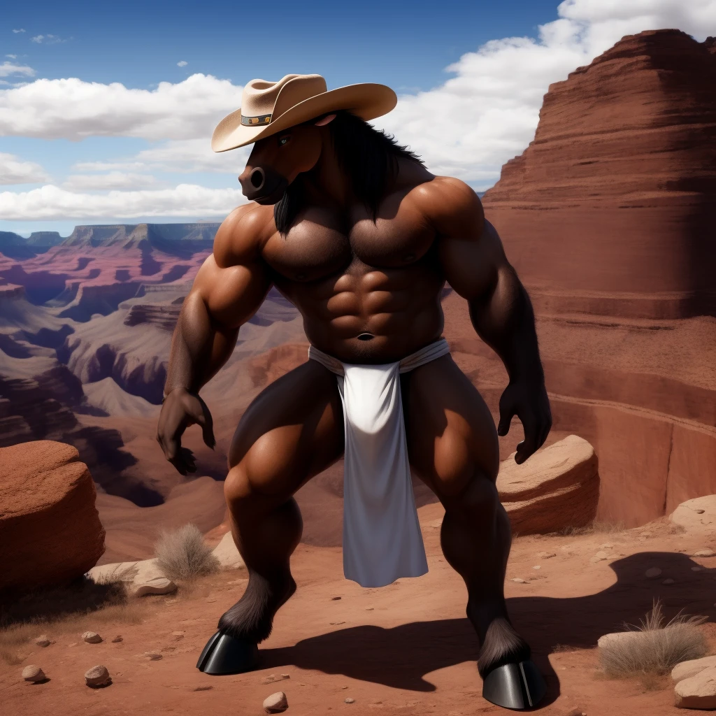 Furry, Antro, Male, [Horse color brown Oscuro Black] , Horse Tail, [Fundoshi Bulto Male Big], [Fundoshi BLANCO ajustado], loincloth, Solo, De Pie, [Bulto Male Big], Hooves , (Big Balls), Detallado 4k, cuerpo completo, cuerpo furry Marron dark, Grand Canyon background , pupil Eyes blue, Alta resolucion, hermoso, Furry Torso Peludo, cowboy hat brown
