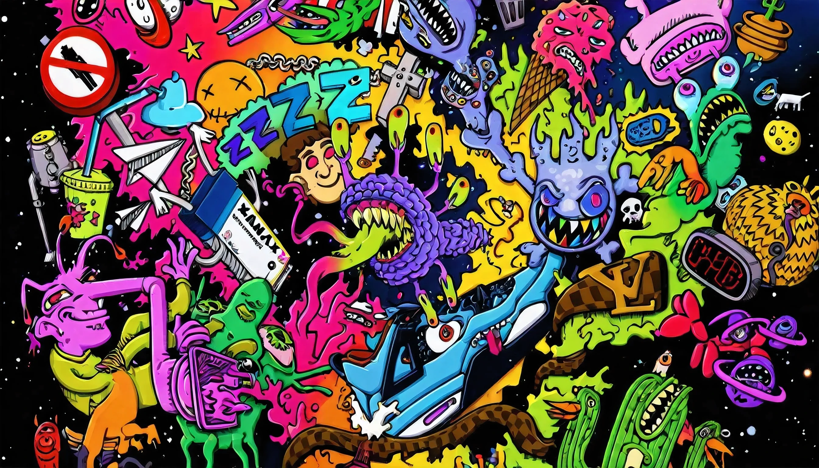 brightly colored cartoon monsters are grouped together in a space filled with stars, colorful doodle art, vibrant cartoon art, colorfull illustration, lsd trip, very trippy and abstract, graffiti background, colorful illustration, psychedelic background, psychedelic illustration, graffiti art style, psychedelic trip, vivid colorful comic style, conjuring psychedelic background, artwork, style by nty_ol, kenny scharf, Flat style, pemo
