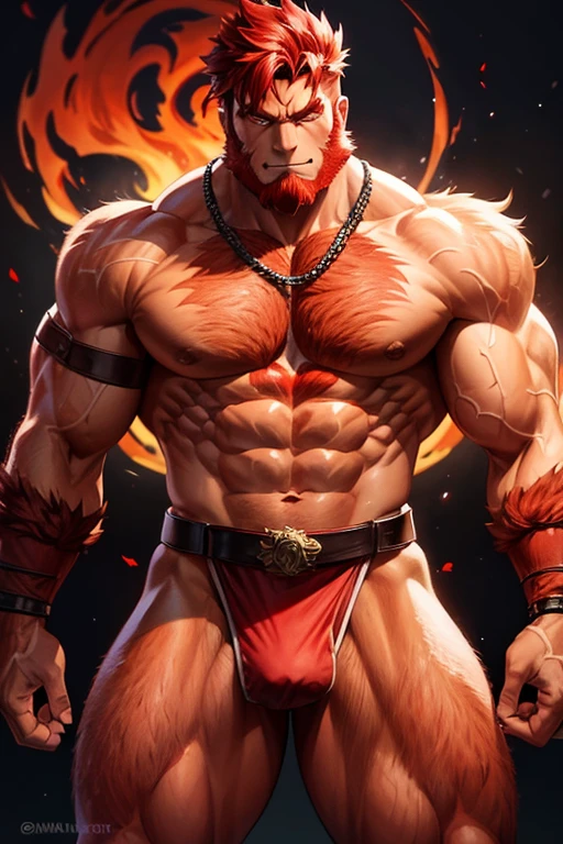 red bear man muscular build red belt with reddish fur red skin loincloth yellow eyes fire rune tattoos red color looking forward at viewer