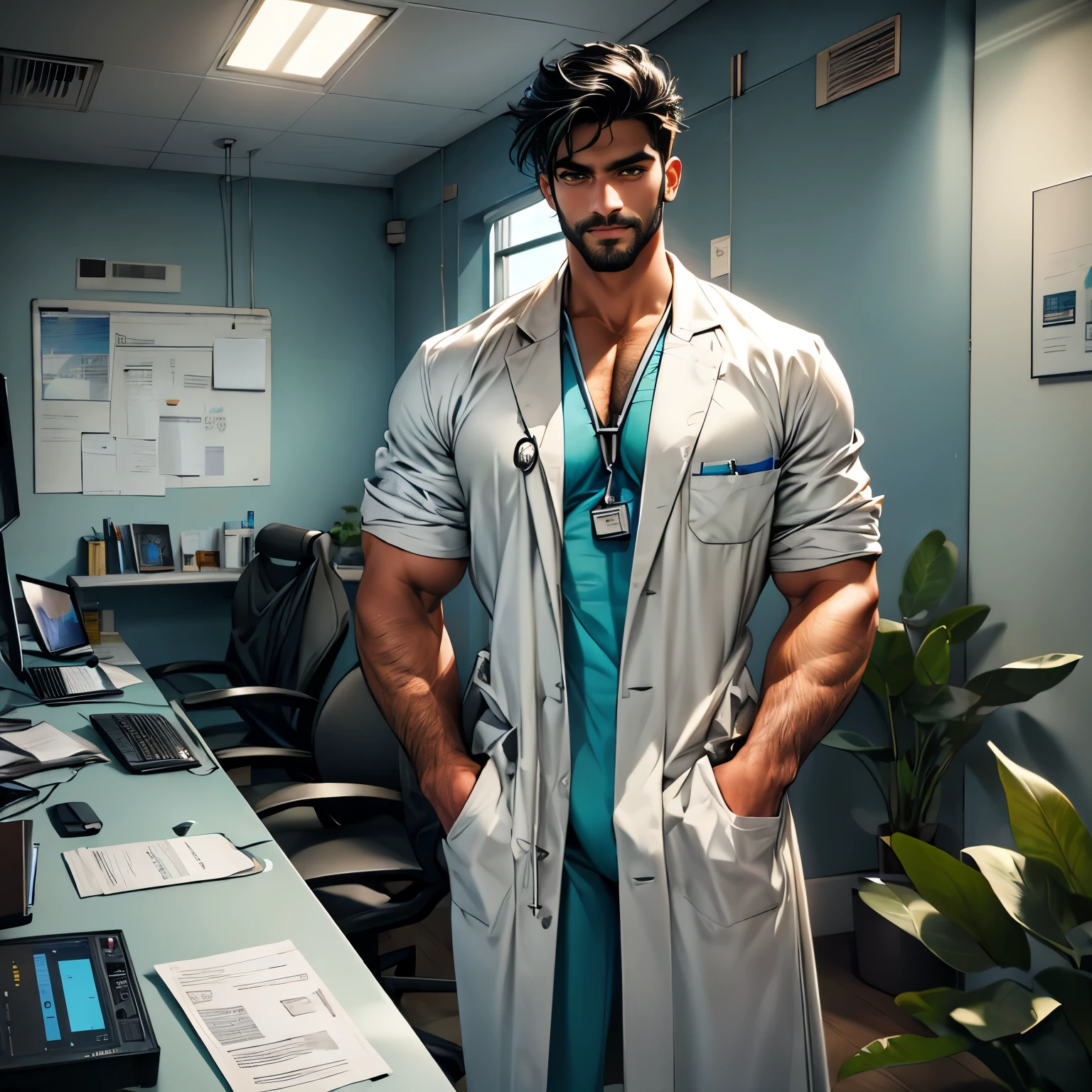 Portrait of an Indian male doctor, 30 years old, full black beard, symmetrical eyes, intense gaze, wearing turquoise scrubs, holding documents in hands, sexual tension, seductive, posing very short black hair, muscular, fitness, daylight through glass windows, realistic, accurate, best quality: 1.2, ultra-detailed, professional, studio lighting, beautiful soft lights, modern hospital background, model, handsome, big bulge, prominent chiseled jawline, anatomically correct, textured skin, super detail, full body shot, high quality, 4K, 8K, highres, realistic: 1.37, captivating, doctors consulting room, medical examination table, white clean walls, bright indoor lighting, medical equipment, organized shelves and cabinets, comfortable chairs, medical chart on the wall, professional atmosphere, medical instruments with shiny surfaces, plush plants in the corner, calm and soothing color palette, ambient lighting creating a cozy atmosphere, ((light castin on face)), ((illuminated face))