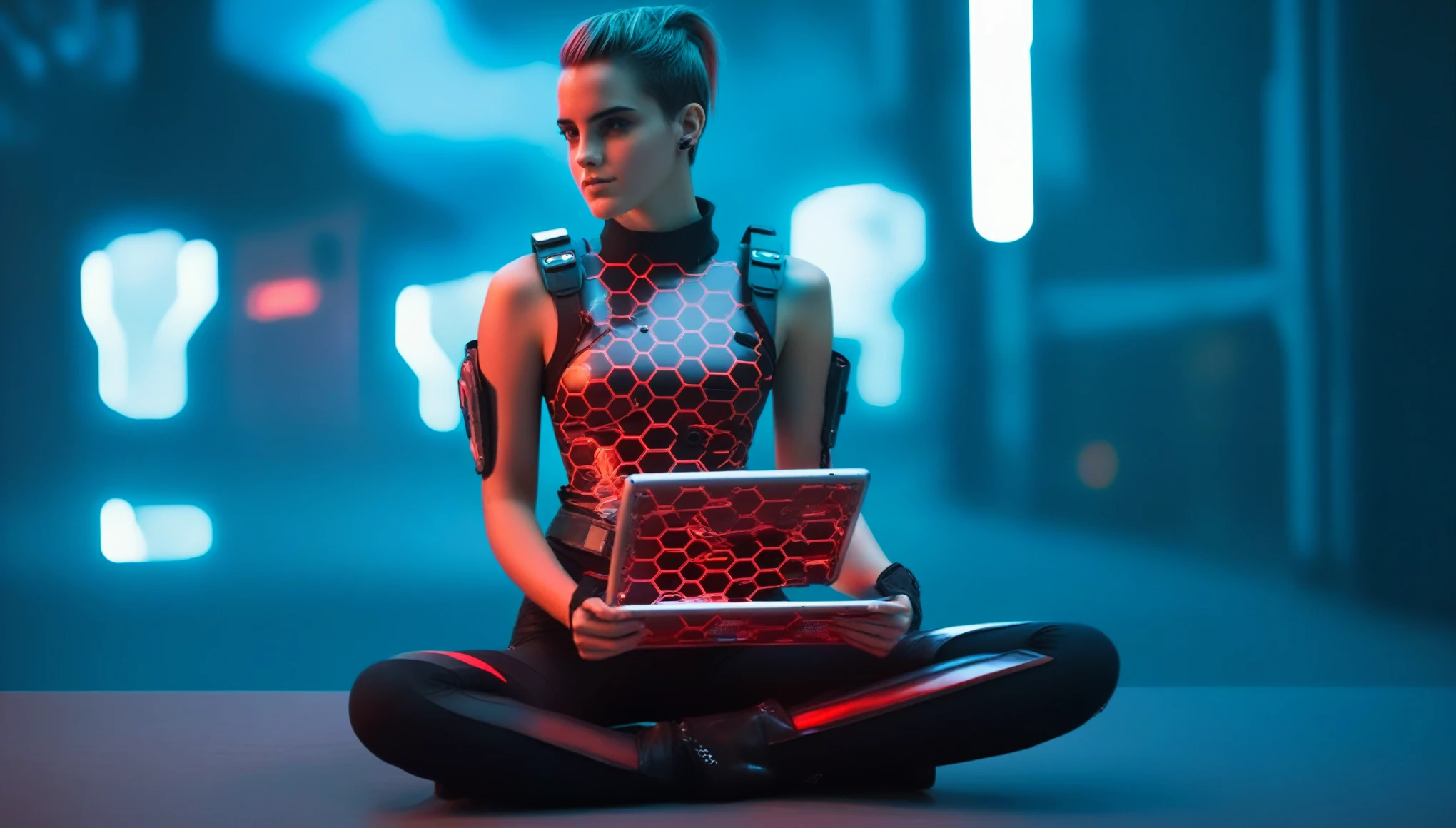 Two young female hackers sitting in a cyberpunk hackerspace with large windows in a cyberpunk metropolis facing the viewer, right arm resting on her waist, left arm held forward holding a transparent smart tablet, short silverwhite undercut haircut, immaculate skin, thoughtful look on her face, sweat on her skin, full lips, small breasts, legs crossed, fullbody black and red skintight cyberpunk underarmor with intricate hexagon pattern, synthetic utility vest with attached wearable computer, black leather utility belt with multimeter and some probes attached, thigh high black latex boots, cutoff gloves, no makeup, natural fingernails, emma watson, edgFut_clothing, neons, electric circuits