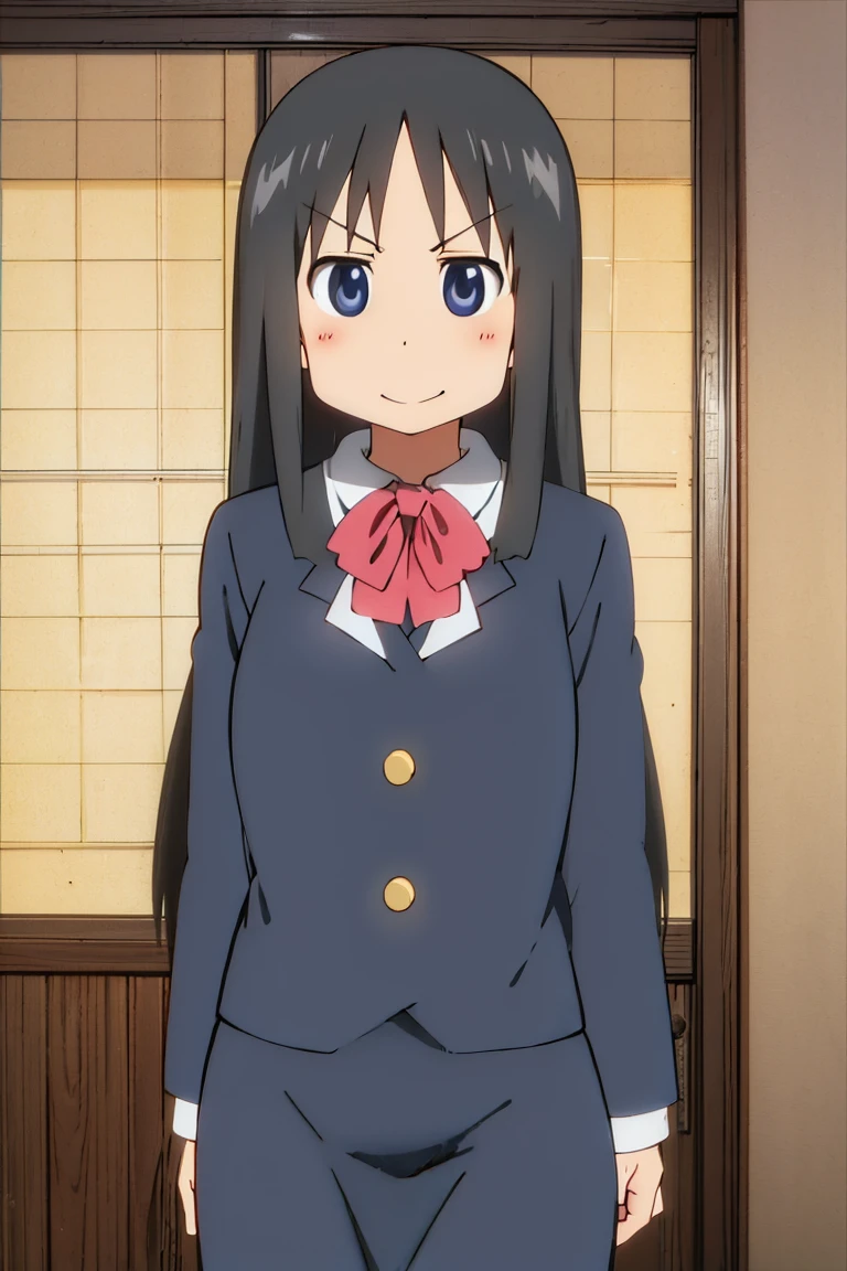 Kyoto animation, female, long hair, black hair, dark blue eye, cute face, thick eyebrows, big , slim body, atletic, sexy t, tempt, flushed face, seductive smile, lingerie, bedroom, horny, selast grab