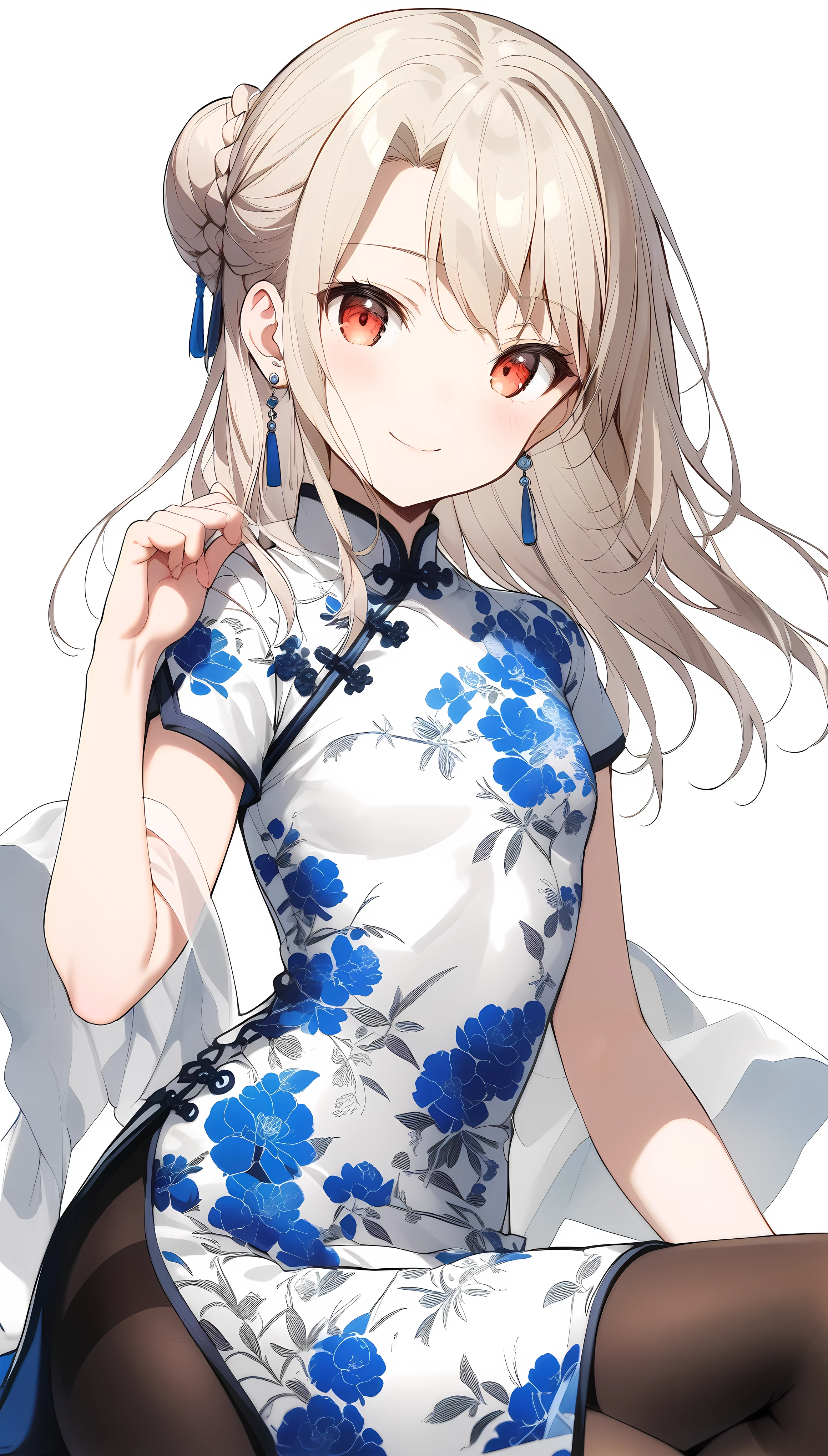 qipao,solo,1girl,(illyasviel von einzbern),red_eyes,cream hair,(french braid),smile,blue flower,breasts,china dress,chinese clothes,dress,shawl,earrings,floral print,hand up,long hair,looking at viewer,pantyhose,print dress,simple background,smile,solo,white background