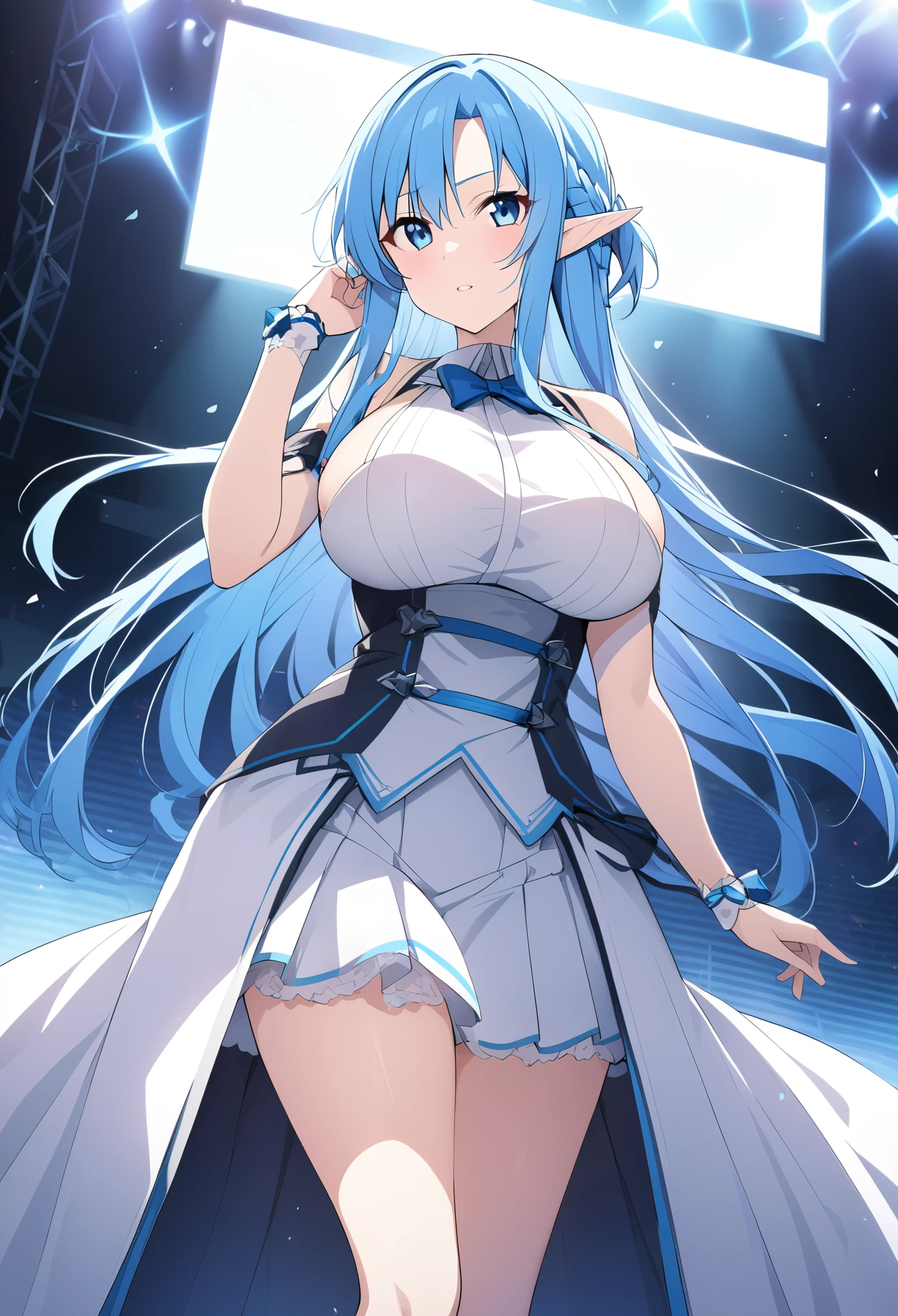 yuuki asuna, Blue eyes, Blue hair, long hair, bangs, braid, elf, ,　Live Stage, Big Breasts, formal dress　solo