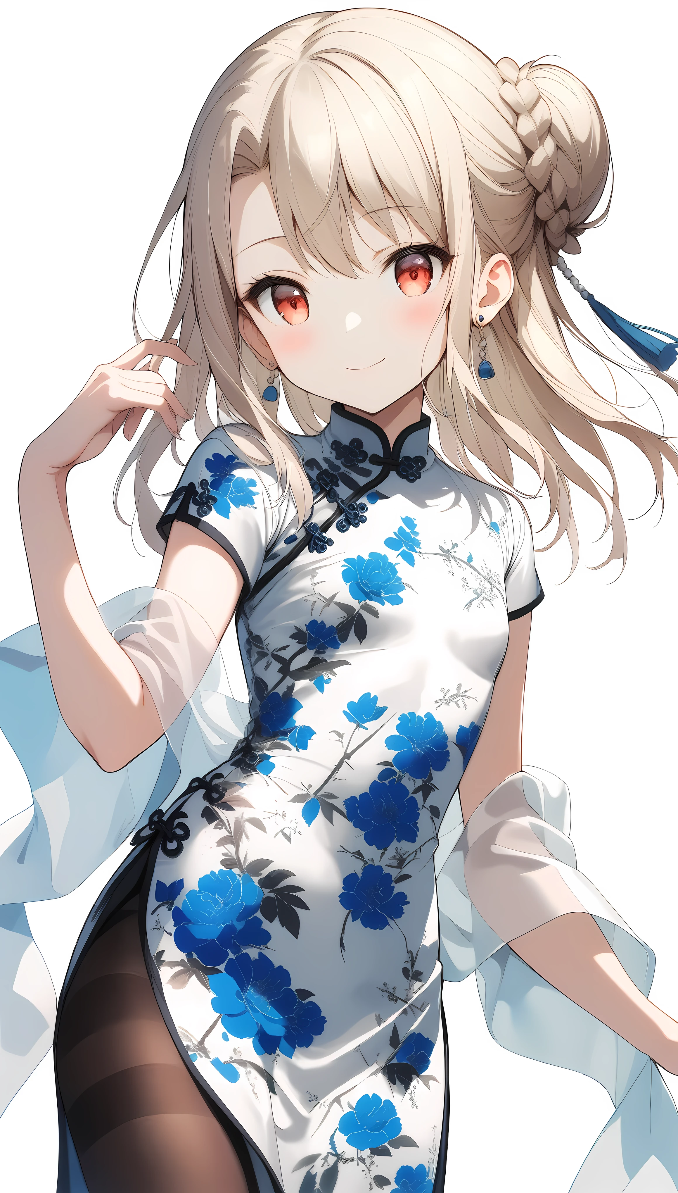 qipao,solo,1girl,(illyasviel von einzbern),red_eyes,cream hair,(french braid),smile,blue flower,breasts,china dress,chinese clothes,dress,shawl,earrings,floral print,hand up,long hair,looking at viewer,pantyhose,print dress,simple background,smile,solo,white background