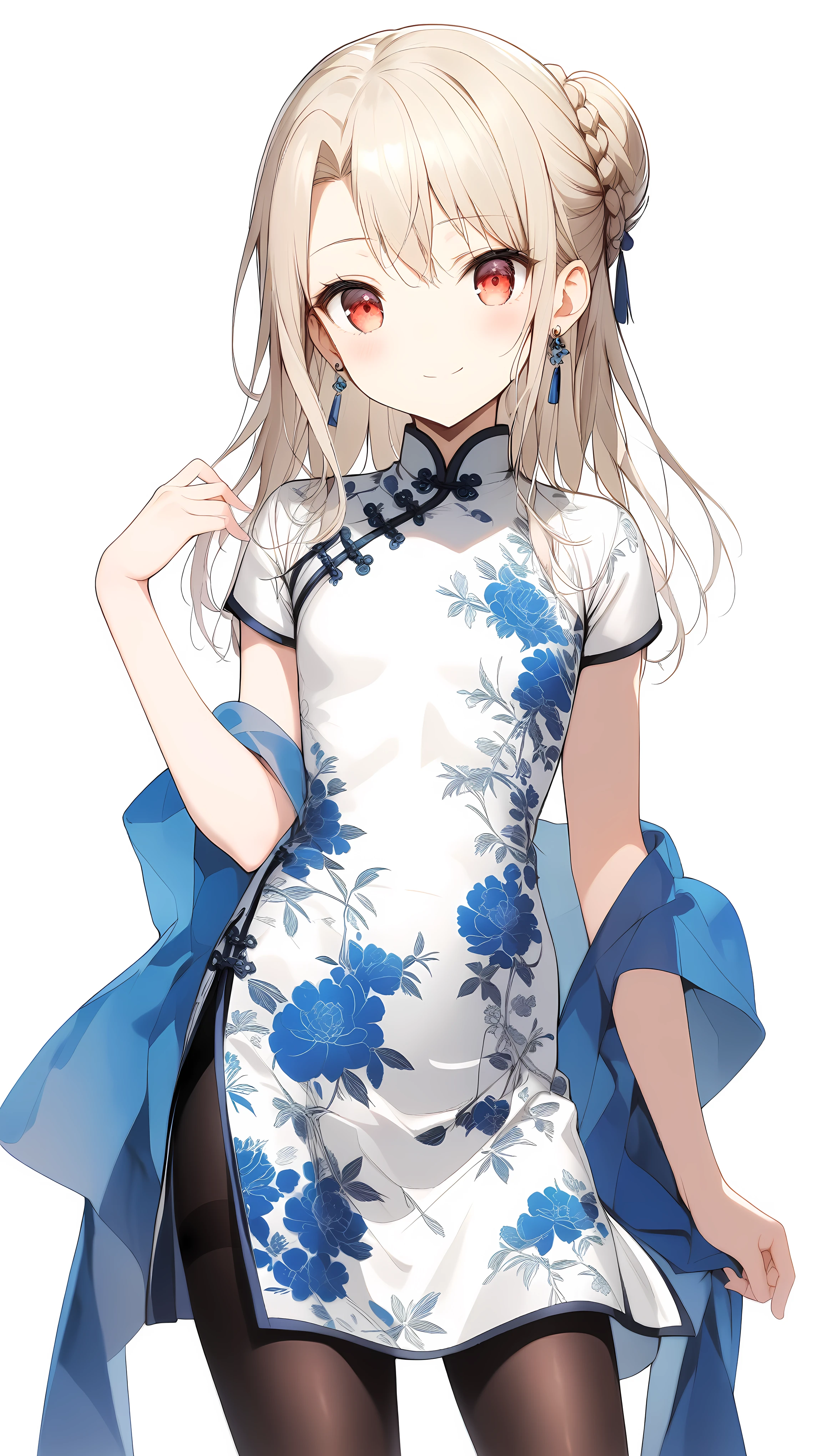 qipao,solo,1girl,(illyasviel von einzbern),red_eyes,cream hair,(french braid),smile,blue flower,breasts,china dress,chinese clothes,dress,shawl,earrings,floral print,hand up,long hair,looking at viewer,pantyhose,print dress,simple background,smile,solo,white background