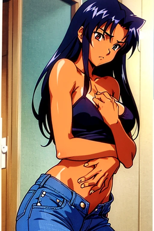 dark tanned skin anime girl in a deep V-neck cami top, (jeans), (long hair), starving, (resting hands on the stomach), (hands on the stomach), (slim body)