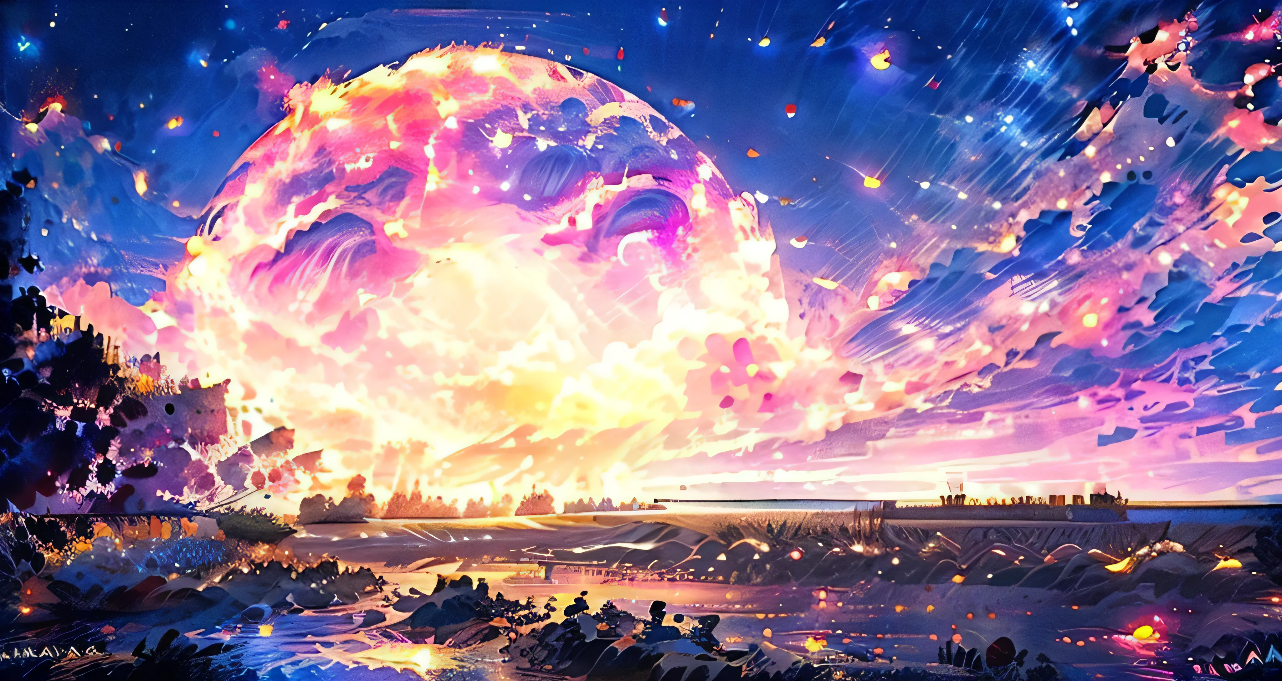 Imagen intrincada y espectacular, Gran luna rosa, cielo luminoso, imagen luminosa, Retrospectivo, Draw a line, Dibujo a tinta, Gran pendiente, Impresionante colorido, amplitud,Psychedelic vibes, Obra maestra, Tremendous technology, alta calidad de imagen, multicolor, brillante, nitido, multicolor, luz exquisita, High Definition, landscape, Luna purpura en el centro, (flores coloridas), flores, galaxy, ((LUNA GRANDE ROSA)),
