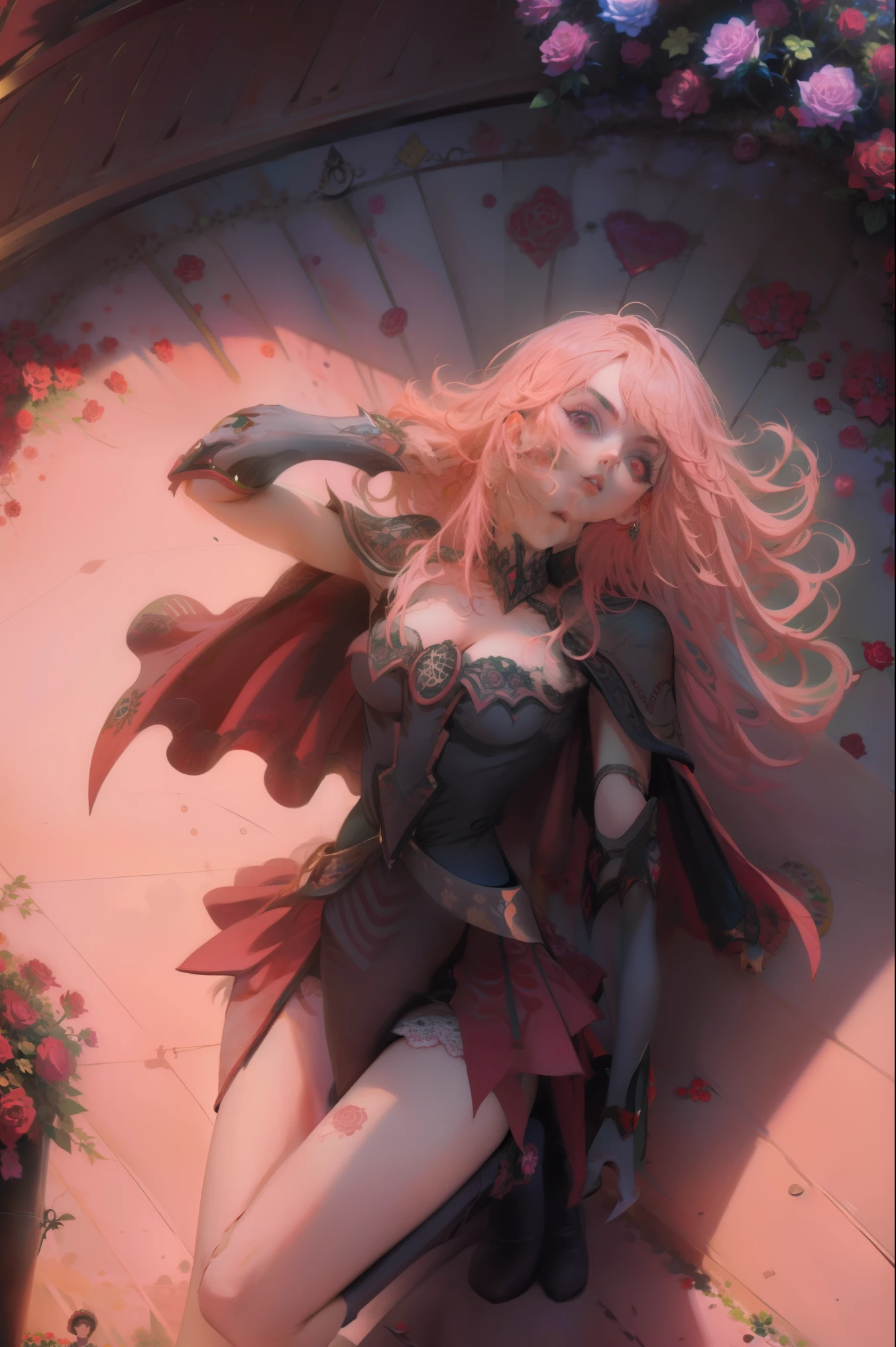 Hermosa dark magician gils. Joven con cabello corto y rubia. Ojos verdes. Labios rosados. She is in a garden of red roses. Rosas rojas la rodean. Pose  y inocente. Fondo de rosas rojas y lluvia 