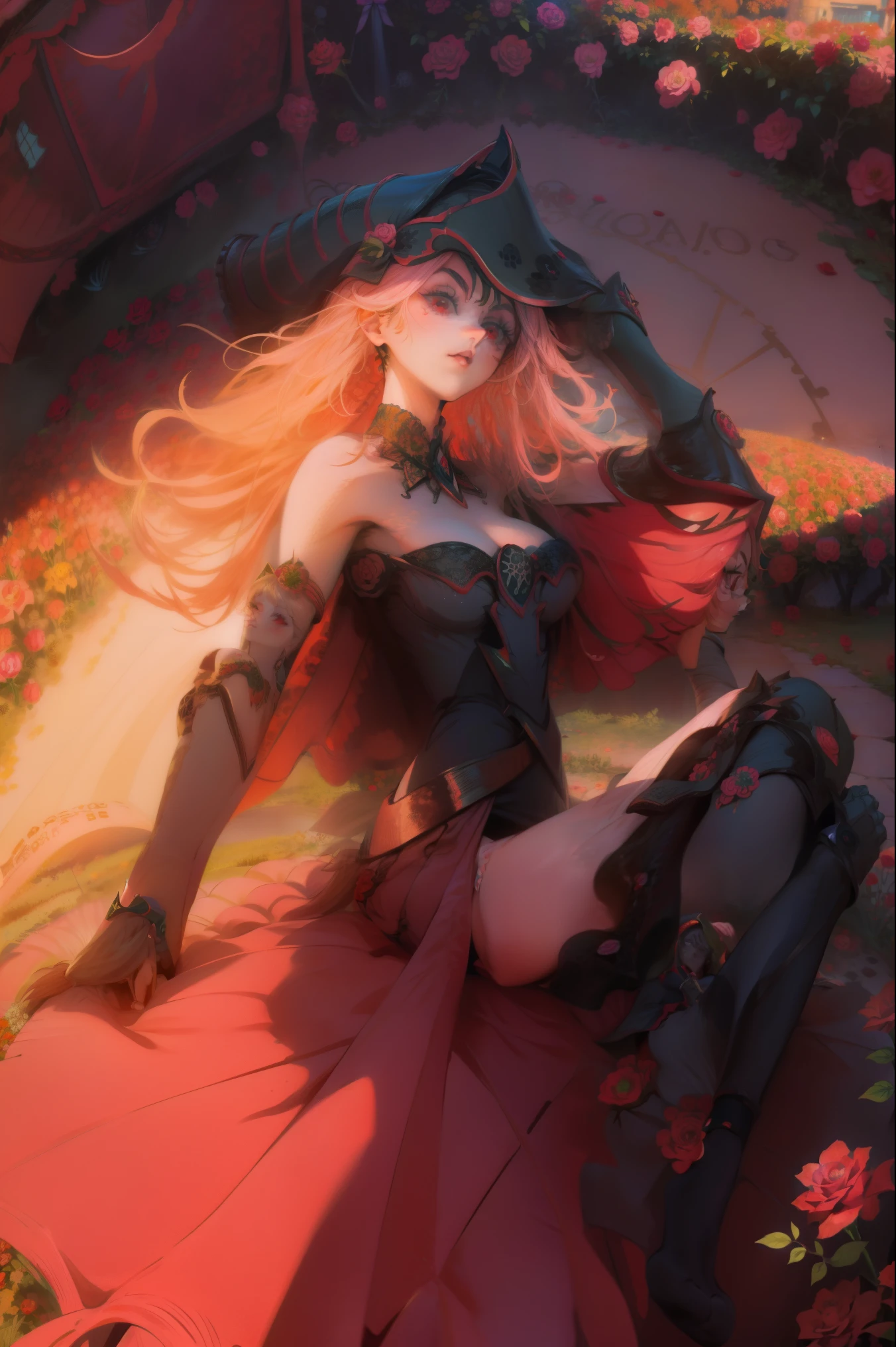 Hermosa dark magician gils. Joven con cabello corto y rubia. Ojos verdes. Labios rosados. She is in a garden of red roses. Rosas rojas la rodean. Pose y inocente. Fondo de rosas rojas y lluvia
