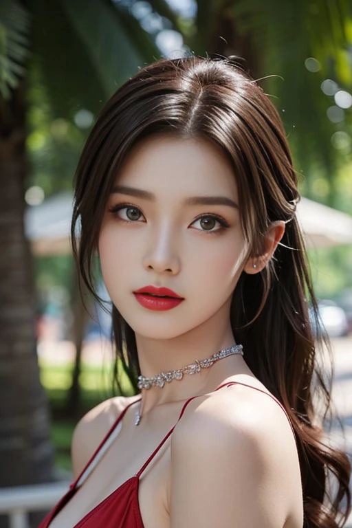 8k, Masterpiece, raw photos, best quality, realistic, Very detailed CG unity 8k wallpaper......, depth of field, Cinema-grade lighting system, lens flare, Ray tracing, (Very beautiful face, beautiful lips, beautiful eyes), black skin,red lips,Beautiful eyebrows,sharp eyes,Curly eyelashes,A face with intricate details, ((Highly detailed skin), รูปถ่ายของสาวสวย 1 คนbest quality, Ultra high resolution, (realistically:1.4),cute hair clip,1 woman,long red hair,two piece swimsuit,Beautiful woman with a slim figure:1.4, Pronounced abdomen:1.4, on the island,Extraordinarily detailed face,Exquisite eyes,Double eyelids,choker necklace
