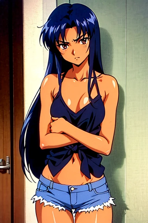 dark tanned skin anime girl in a deep V-neck cami top tied in the front, (jeans), (long hair), starving, (resting hands on the stomach), (hands on the stomach), (slim body)