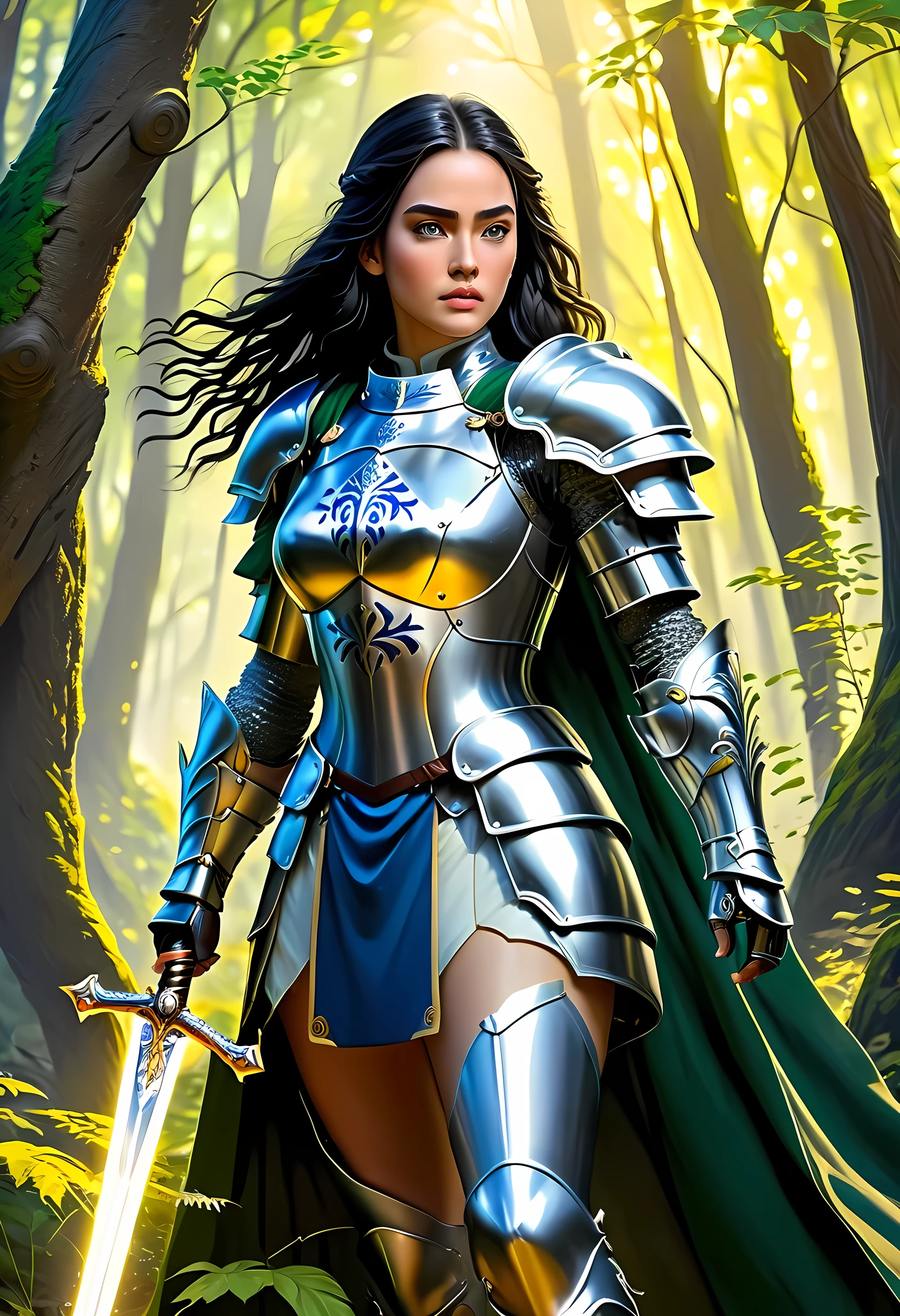 a picture of woman paladin of nature protecting the forest, a woman knight, black hair, long hair, full body (best details, Masterpiece, best quality :1.5), ultra detailed face (best details, Masterpiece, best quality :1.5), ultra feminine (best details, Masterpiece, best quality :1.5), (black hair: 1.2), long hair, braided hair, pale skin, (deep blue: 1.2) eyes, intense eyes, wearying heavy armor, (white armor: 1.2)  (best details, Masterpiece, best quality :1.5), (green cloak: 1.2) , armed with a sword, glowing sword GlowingRunes_yellow, fantasy forest background, D&D art, RPG art, magical atmosphere magic-fantasy-forest, ultra best realistic, best details, best quality, 16k, [ultra detailed], masterpiece, best quality, (extremely detailed), ultra wide shot, photorealism, depth of field, hyper realistic painting, ArmoredDress