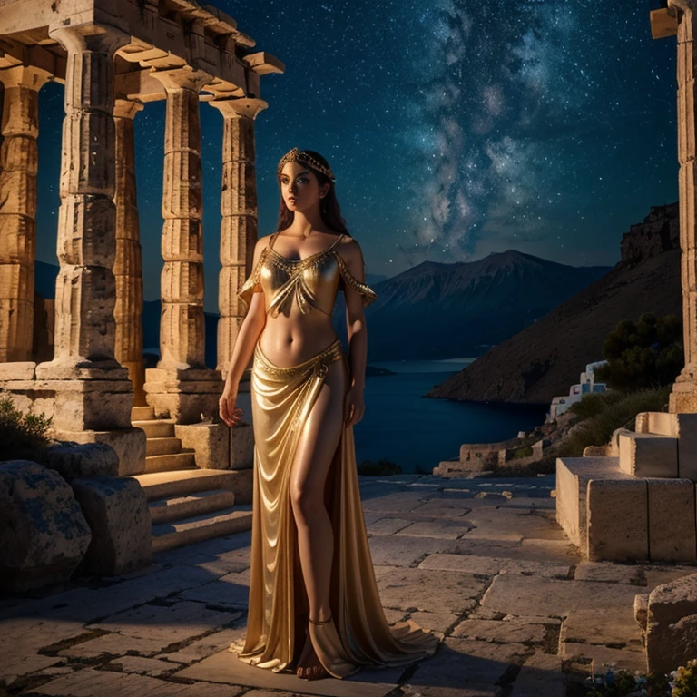A Greek Goddess stands serenely, ethereal magic surrounding her, Mount Olympus at night, high quality, photorealistic, full body view