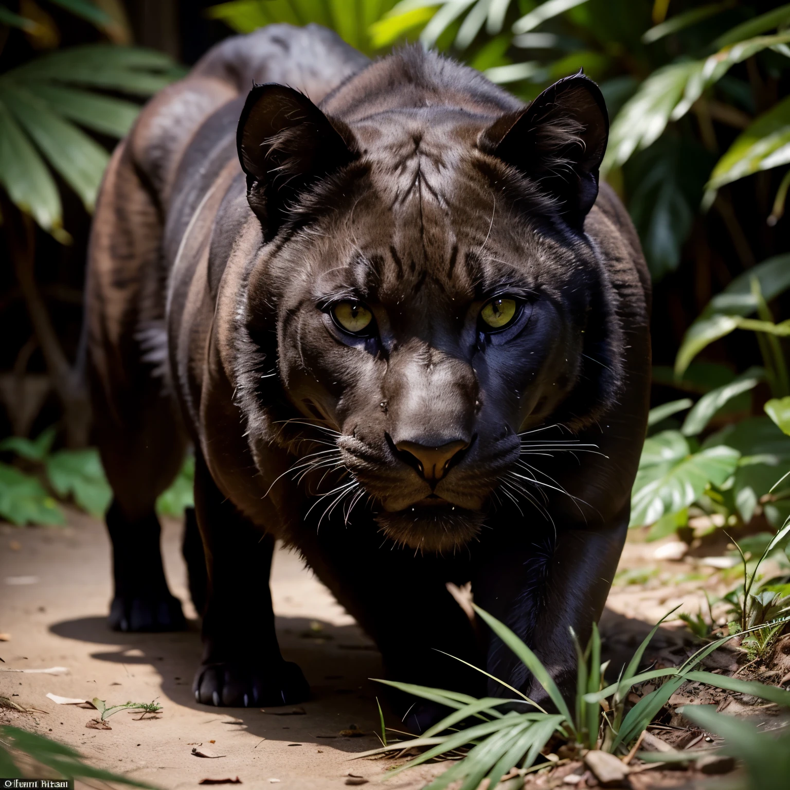 RAW, Best quality, high resolution, Masterpiece: 1.3), Stunning Panther, Masterpiece, Intense gaze, Realistic, 1animal, muscular build, sleek fur, detailed markings, panthera pardus, closely observed, in its natural habitat, observing prey, graceful hunter, stealthy movements, lush jungle, vibrant greens, lush vegetation, dappled sunlight, life-like rendering, ray tracing, super detailing viewer, close-up.