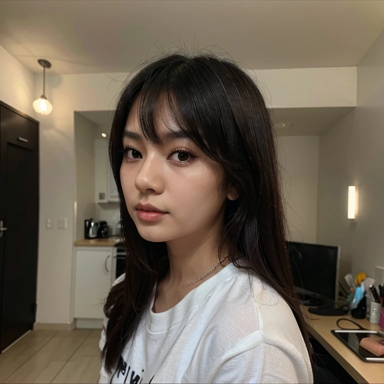Asian girl with dark hair wearing makeup