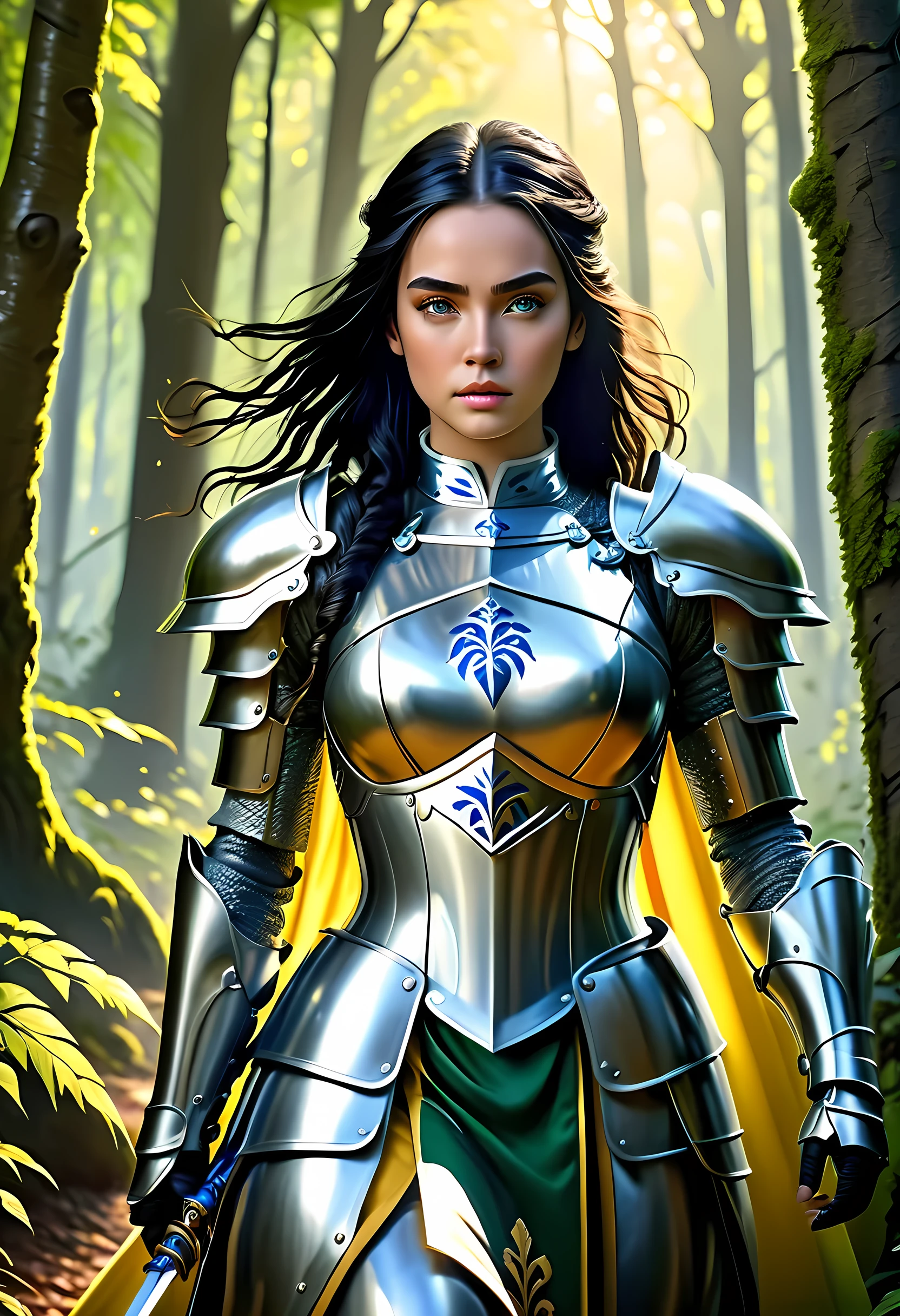 a picture of woman paladin of nature protecting the forest, a woman knight, black hair, long hair, full body (best details, Masterpiece, best quality :1.5), ultra detailed face (best details, Masterpiece, best quality :1.5), ultra feminine (best details, Masterpiece, best quality :1.5), (black hair: 1.2), long hair, braided hair, pale skin, (deep blue: 1.2) eyes, intense eyes, wearying heavy armor, (white armor: 1.2)  (best details, Masterpiece, best quality :1.5), (green cloak: 1.2) , armed with a sword, glowing sword GlowingRunes_yellow, fantasy forest background, D&D art, RPG art, magical atmosphere magic-fantasy-forest, ultra best realistic, best details, best quality, 16k, [ultra detailed], masterpiece, best quality, (extremely detailed), ultra wide shot, photorealism, depth of field, hyper realistic painting, ArmoredDress