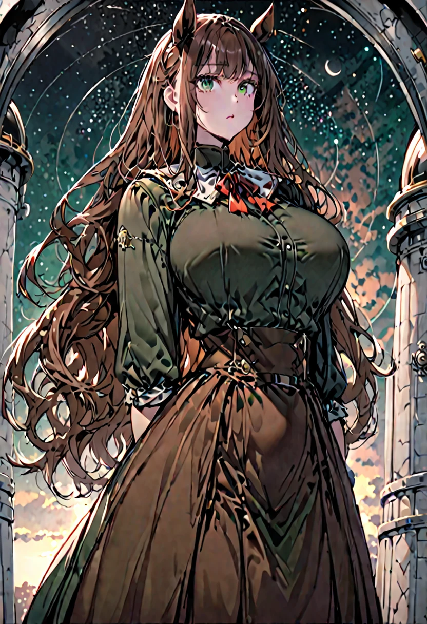 solo, female, sfw, medium shot, long wavy hair, brown hair, dark green eyes, centaur girl, brown horse ears, huge , scholar, modest clothes, observatory, from the waist up