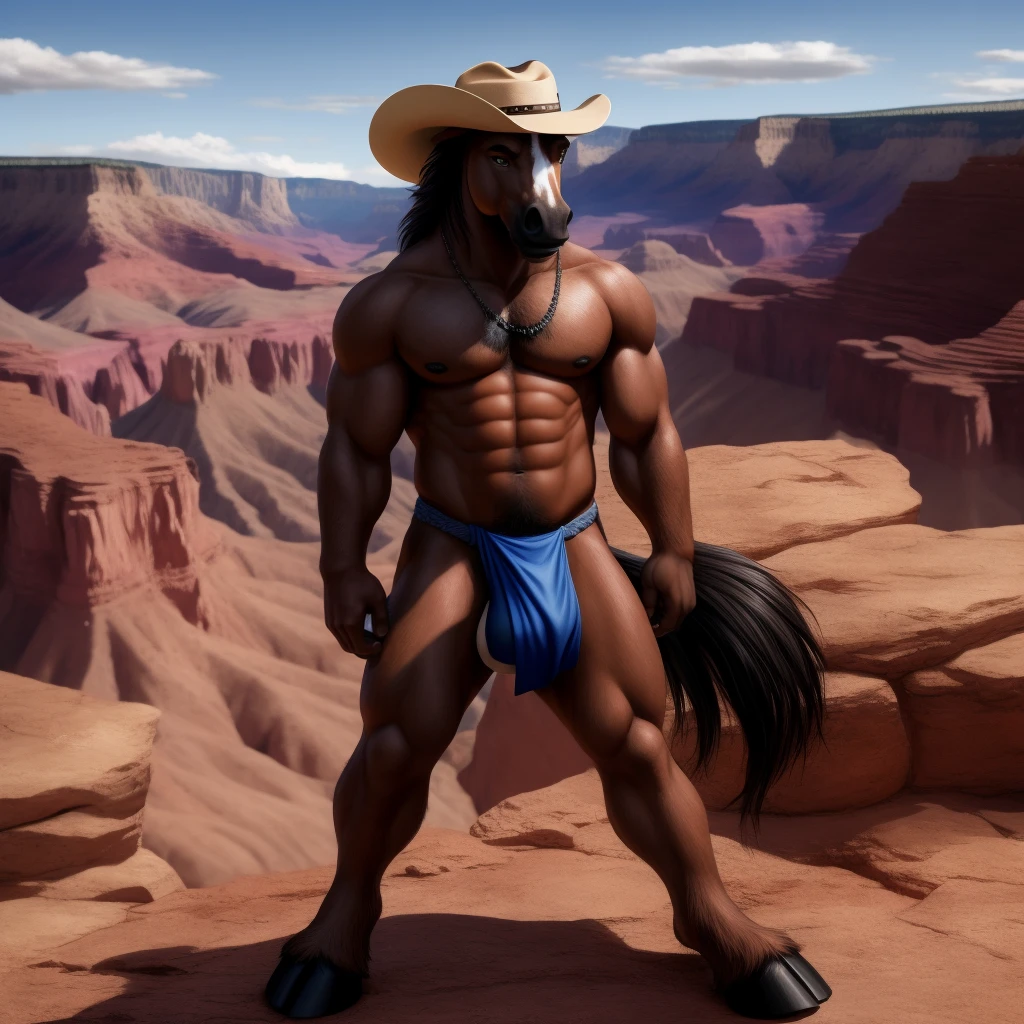 Furry, Antro, Male, [Horse color brown Oscuro Black] , Horse Tail, [Fundoshi Bulto Male Big], [Fundoshi BLANCO ajustado], loincloth, Solo, De Pie, [Bulto Male Big], Hooves , (Big Balls), Detallado 4k, cuerpo completo, cuerpo furry Marron dark, Grand Canyon background , pupil Eyes blue, Alta resolucion, hermoso, Furry Torso Peludo, cowboy hat brown, Ropa de cowboy, ropa West, estrella seriff