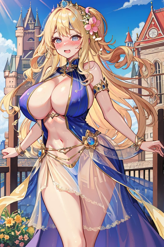 A woman with big ，(Gorgeous woman)，Princess，ahegao，Gorgeous Rococo dance dress，Long blond hair，Exquisite，(See-through chest)，Showing belly，(Blush:1.2)，Slender legs，Castle Background，flower，diamond，烟flower，