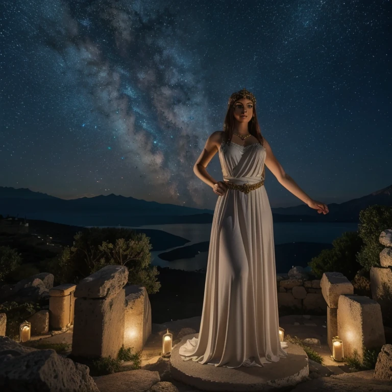 A Greek Goddess stands serenely, ethereal magic surrounding her, Mount Olympus at night, high quality, photorealistic, full body view, small points of light orbit the goddess
