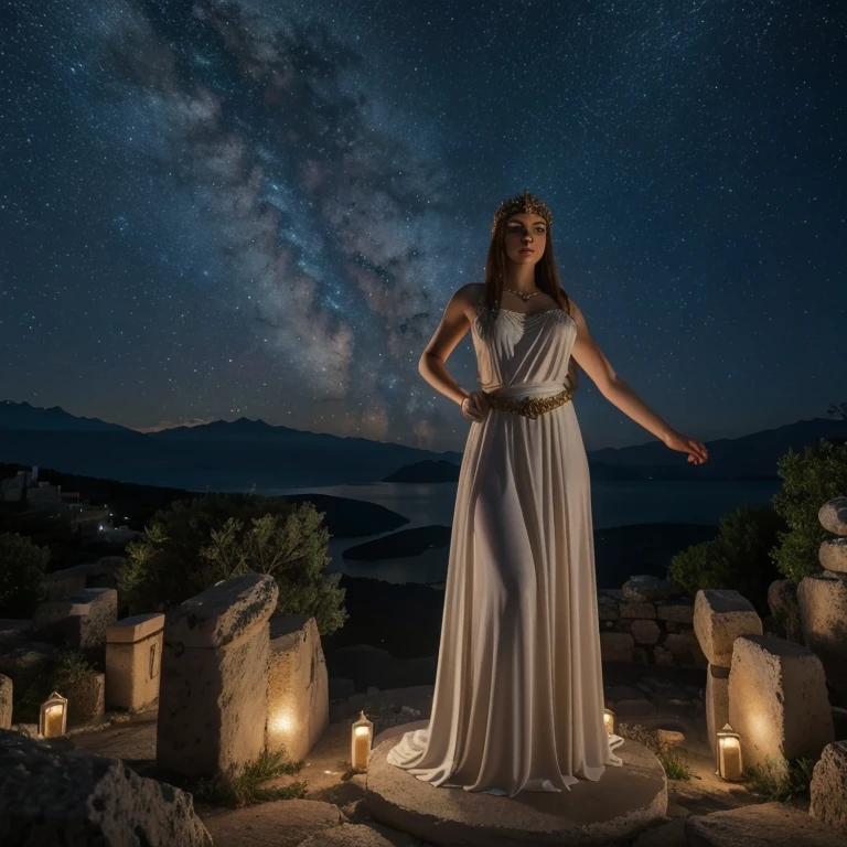 A Greek Goddess stands serenely, ethereal magic surrounding her, Mount Olympus at night, high quality, photorealistic, full body view, small points of light orbit the goddess