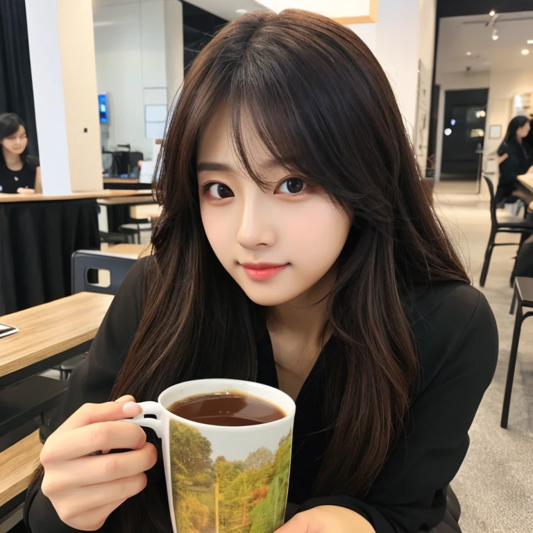 Holding a cup 、Realistic photos、Photorealistic、Brown long hair、Black clothes、Perfect Shading、Perfect Anatomy、Super cute face、Attractive face、auto photography、selfie、indoor