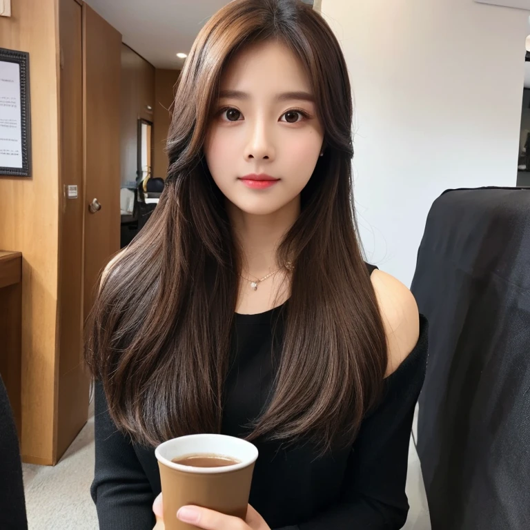 Holding a cup 、Realistic photos、Photorealistic、Brown long hair、Black clothes、Perfect Shading、Perfect Anatomy、Super cute face、Attractive face、auto photography、selfie、indoor
