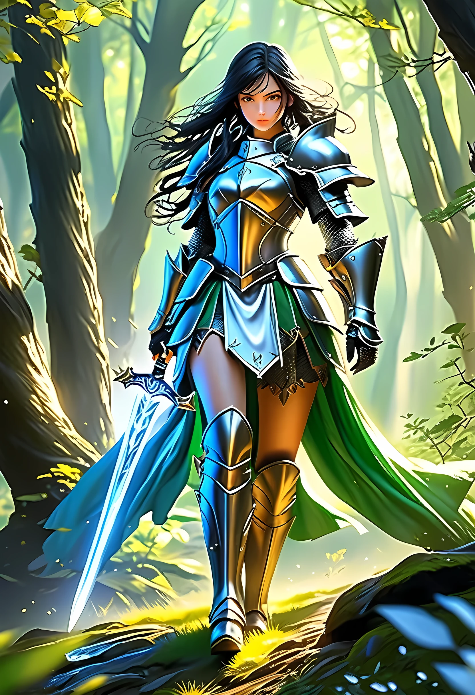a picture of woman paladin of nature protecting the forest, a woman knight, black hair, long hair, full body (best details, Masterpiece, best quality :1.5), ultra detailed face (best details, Masterpiece, best quality :1.5), ultra feminine (best details, Masterpiece, best quality :1.5), (black hair: 1.2), long hair, braided hair, pale skin, (deep blue: 1.2) eyes, intense eyes, wearying heavy armor, (white armor: 1.2)  (best details, Masterpiece, best quality :1.5), (green cloak: 1.2) , armed with a sword, glowing sword GlowingRunes_yellow, fantasy forest background, D&D art, RPG art, magical atmosphere magic-fantasy-forest, ultra best realistic, best details, best quality, 16k, [ultra detailed], masterpiece, best quality, (extremely detailed), ultra wide shot, photorealism, depth of field, hyper realistic painting, ArmoredDress