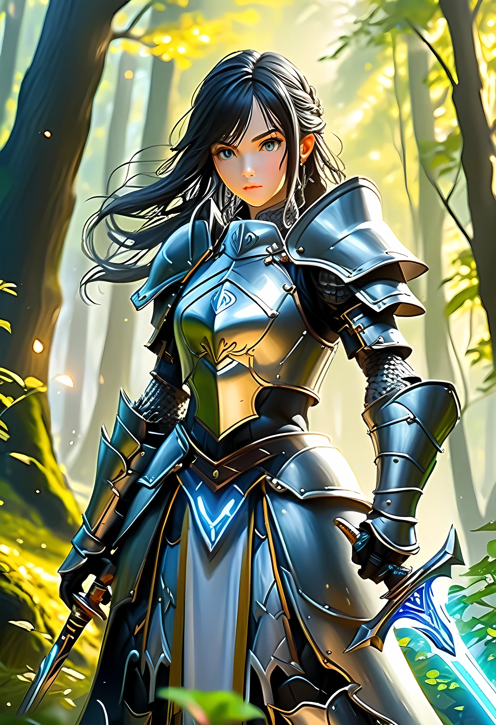 a picture of woman paladin of nature protecting the forest, a woman knight, black hair, long hair, full body (best details, Masterpiece, best quality :1.5), ultra detailed face (best details, Masterpiece, best quality :1.5), ultra feminine (best details, Masterpiece, best quality :1.5), (black hair: 1.2), long hair, braided hair, pale skin, (deep blue: 1.2) eyes, intense eyes, wearying heavy armor, (white armor: 1.2)  (best details, Masterpiece, best quality :1.5), (green cloak: 1.2) , armed with a sword, glowing sword GlowingRunes_yellow, fantasy forest background, D&D art, RPG art, magical atmosphere magic-fantasy-forest, ultra best realistic, best details, best quality, 16k, [ultra detailed], masterpiece, best quality, (extremely detailed), ultra wide shot, photorealism, depth of field, hyper realistic painting, ArmoredDress