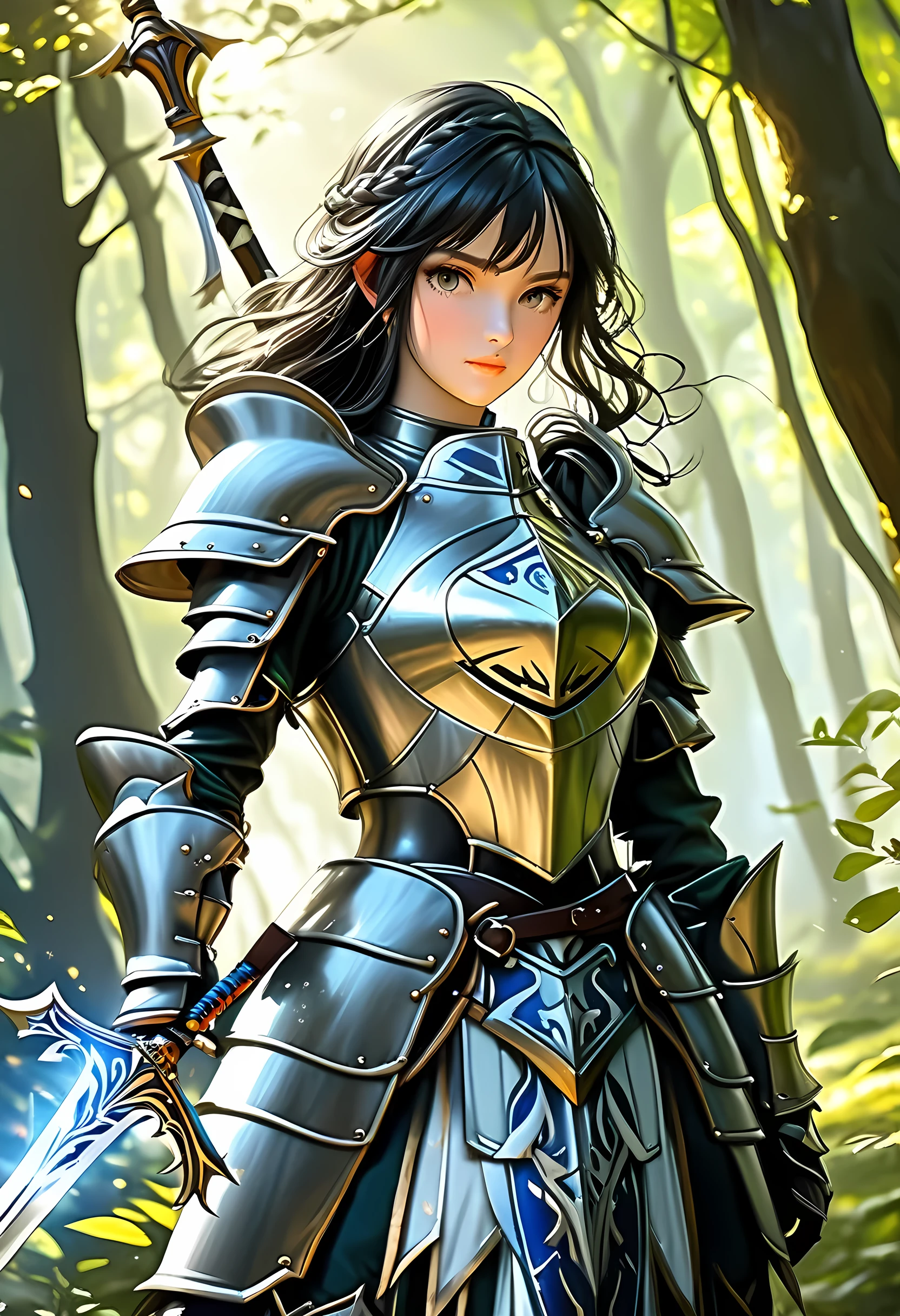 a picture of woman paladin of nature protecting the forest, a woman knight, black hair, long hair, full body (best details, Masterpiece, best quality :1.5), ultra detailed face (best details, Masterpiece, best quality :1.5), ultra feminine (best details, Masterpiece, best quality :1.5), (black hair: 1.2), long hair, braided hair, pale skin, (deep blue: 1.2) eyes, intense eyes, wearying heavy armor, (white armor: 1.2)  (best details, Masterpiece, best quality :1.5), (green cloak: 1.2) , armed with a sword, glowing sword GlowingRunes_yellow, fantasy forest background, D&D art, RPG art, magical atmosphere magic-fantasy-forest, ultra best realistic, best details, best quality, 16k, [ultra detailed], masterpiece, best quality, (extremely detailed), ultra wide shot, photorealism, depth of field, hyper realistic painting, ArmoredDress