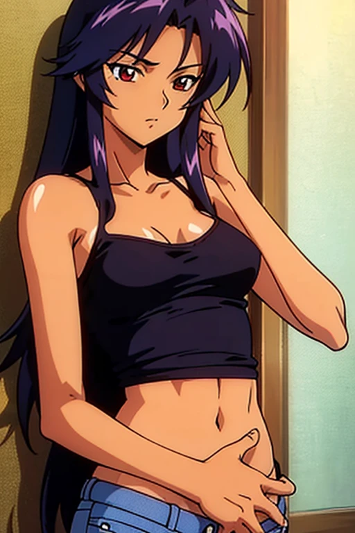 ((best quality)), ((masterpiece)), (detailed), dark tanned skin anime woman in a deep V-neck cami top, (jeans), (long hair), starving, (resting hands on the stomach), (hands on the stomach), (slim body)