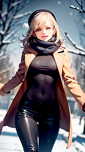 (((masterpiece))),(((best quality))),(((초high resolution))),A beautiful light came on perfect lightning Realistic Shading,,(Smooth, flawless, fair skin:1.5), Very exquisite facial details, Ultra-detail head, makeup,(:1.1),flat box,slim,thin,happy,(laugh:1.2), (orange fur coat:1.3), clavicle, split,(slim legs:1.2), (Daytime Scene:1.5),at the amusement park,outdoor,blur,(detailed background:1.5),snow landscape,snowfall,upper body, scarf, snowing, walking, smiling, black boots, black pants, russian hat, amber eyes